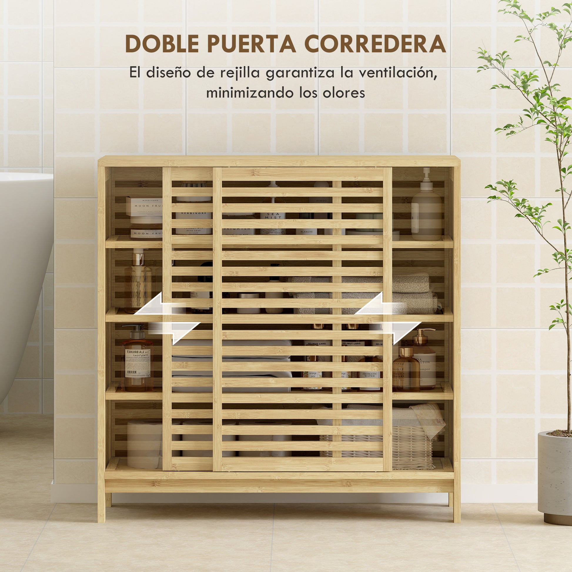 Bamboo Bathroom Cabinet Bathroom Furniture with 2 Sliding Doors Slat Design 4 Shelves Storage Cabinet for Kitchen Living Room 80x34x80 cm Natural