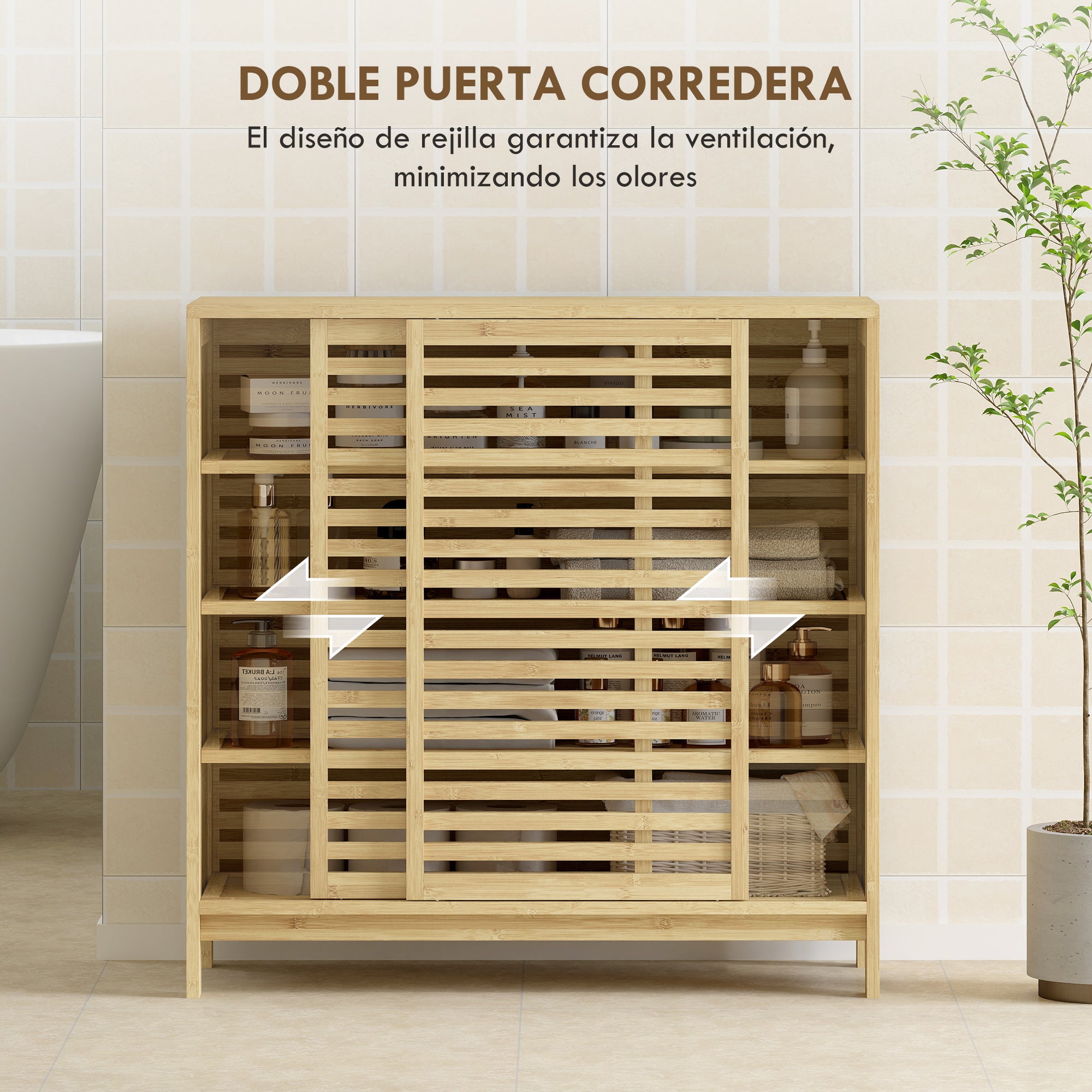 Bamboo Bathroom Cabinet Bathroom Furniture with 2 Sliding Doors Slat Design 4 Shelves Storage Cabinet for Kitchen Living Room 80x34x80 cm Natural