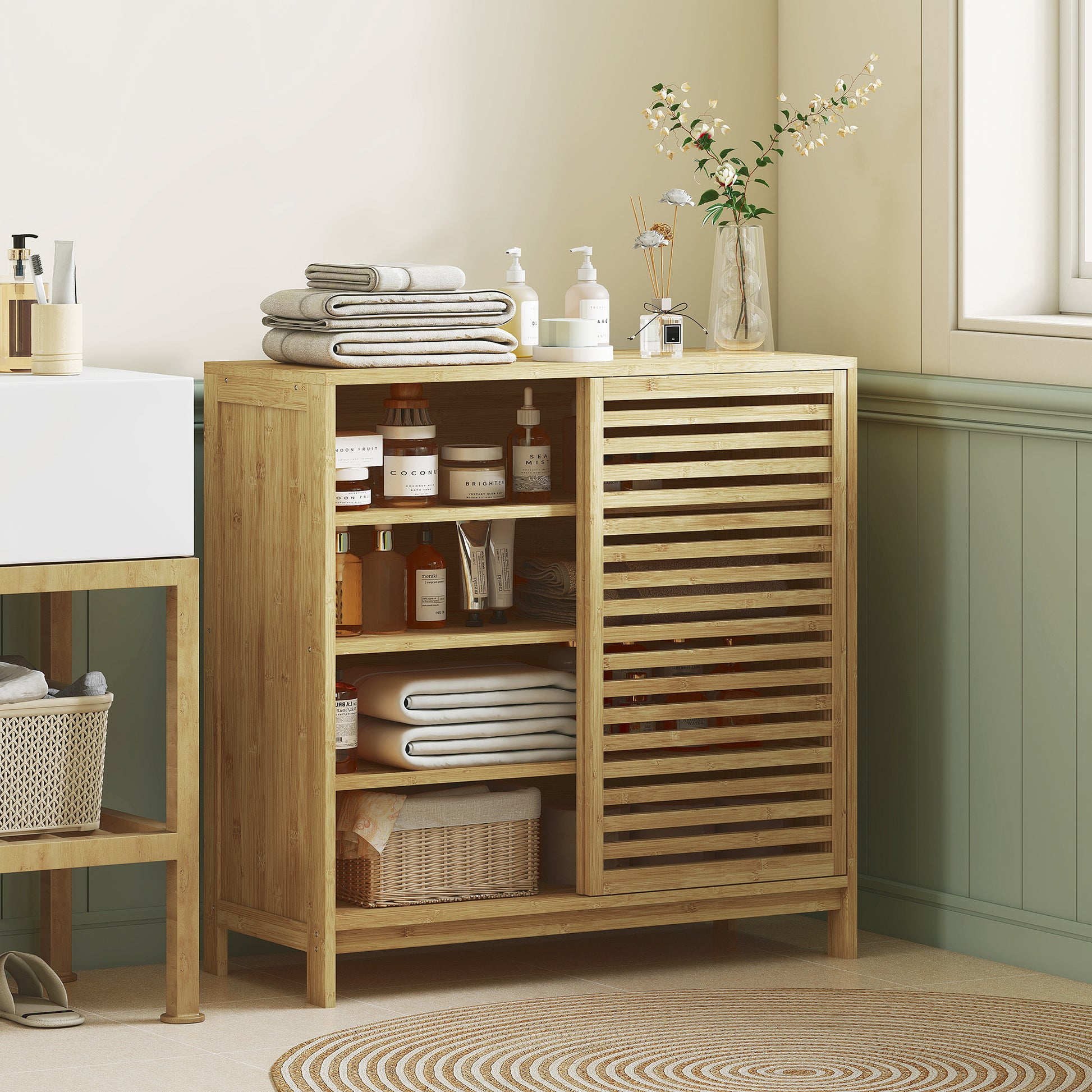 Bamboo Bathroom Cabinet Bathroom Furniture with 2 Sliding Doors Slat Design 4 Shelves Storage Cabinet for Kitchen Living Room 80x34x80 cm Natural