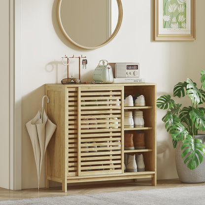 Bamboo Bathroom Cabinet Bathroom Furniture with 2 Sliding Doors Slat Design 4 Shelves Storage Cabinet for Kitchen Living Room 80x34x80 cm Natural