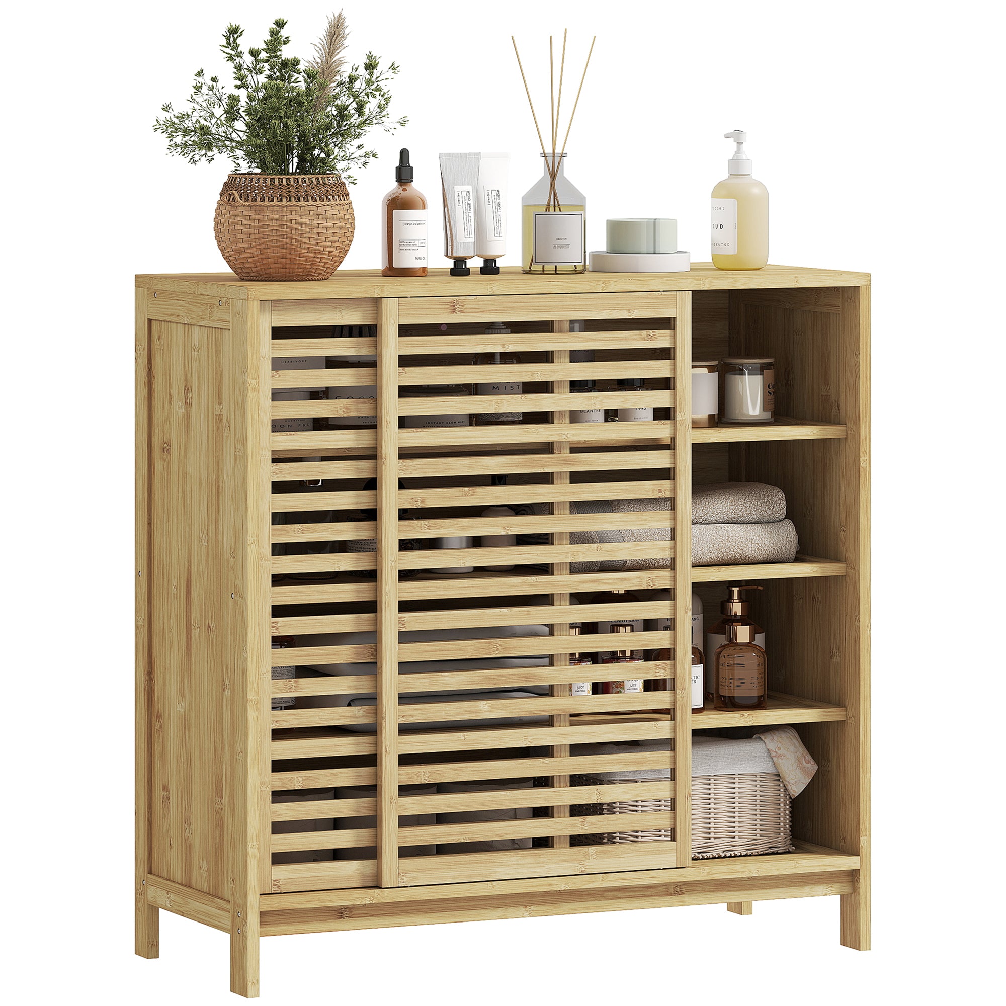 Bamboo Bathroom Cabinet Bathroom Furniture with 2 Sliding Doors Slat Design 4 Shelves Storage Cabinet for Kitchen Living Room 80x34x80 cm Natural