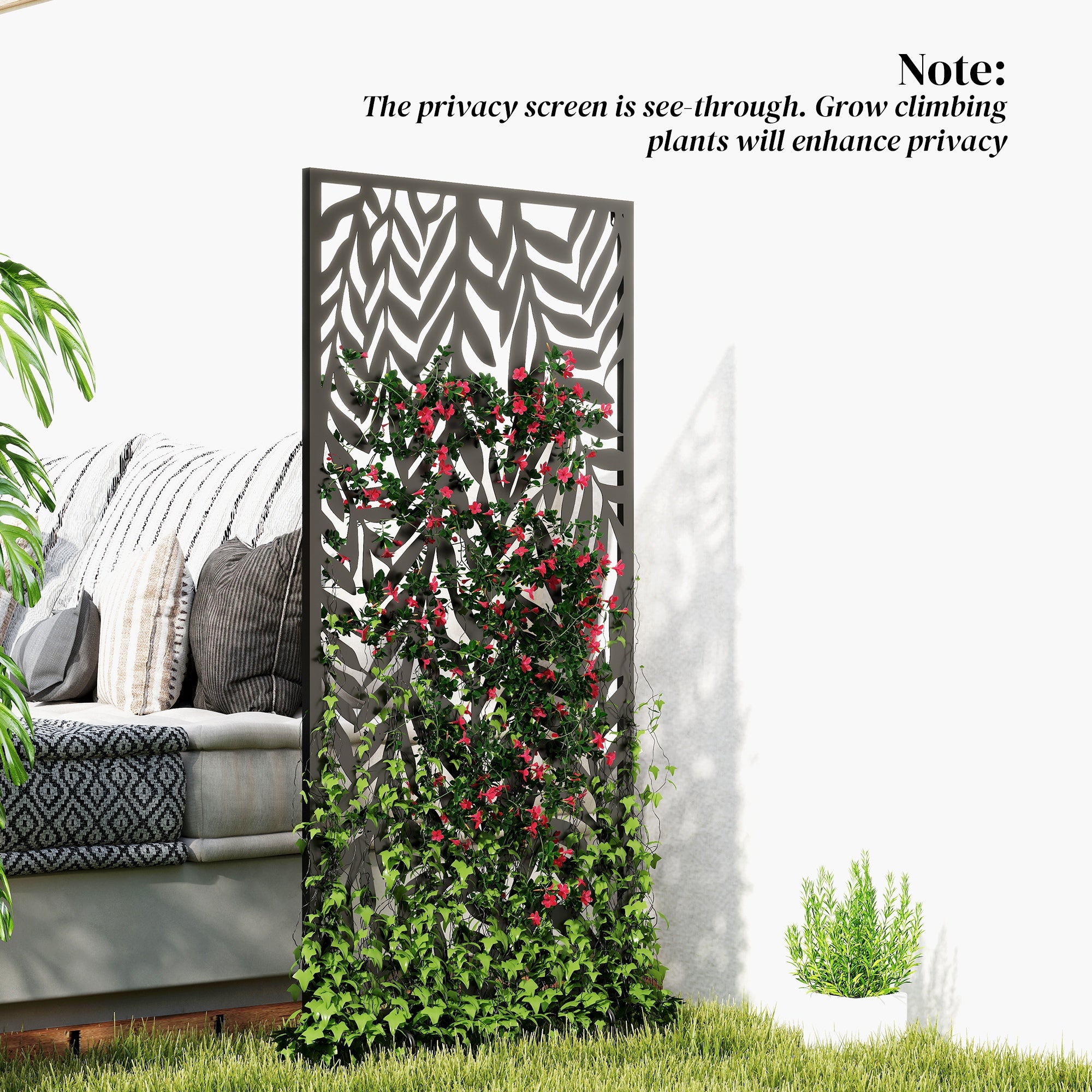Privacy Screen 25.6 in x 51.2 in, Freestanding & Hanging, Metal Privacy Panel for Staking or Wall Mount, Balcony & Terrace, Black