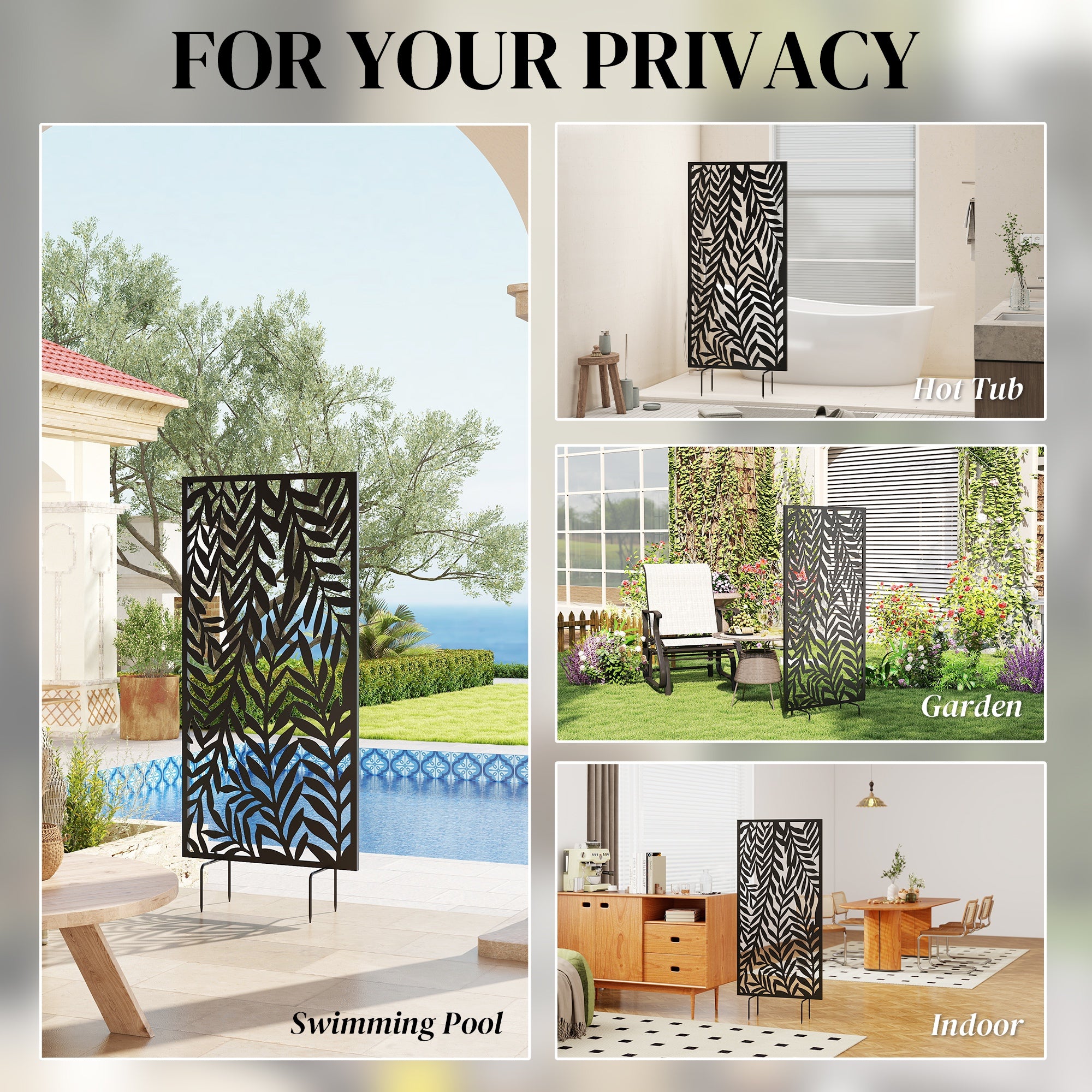 Privacy Screen 25.6 in x 51.2 in, Freestanding & Hanging, Metal Privacy Panel for Staking or Wall Mount, Balcony & Terrace, Black