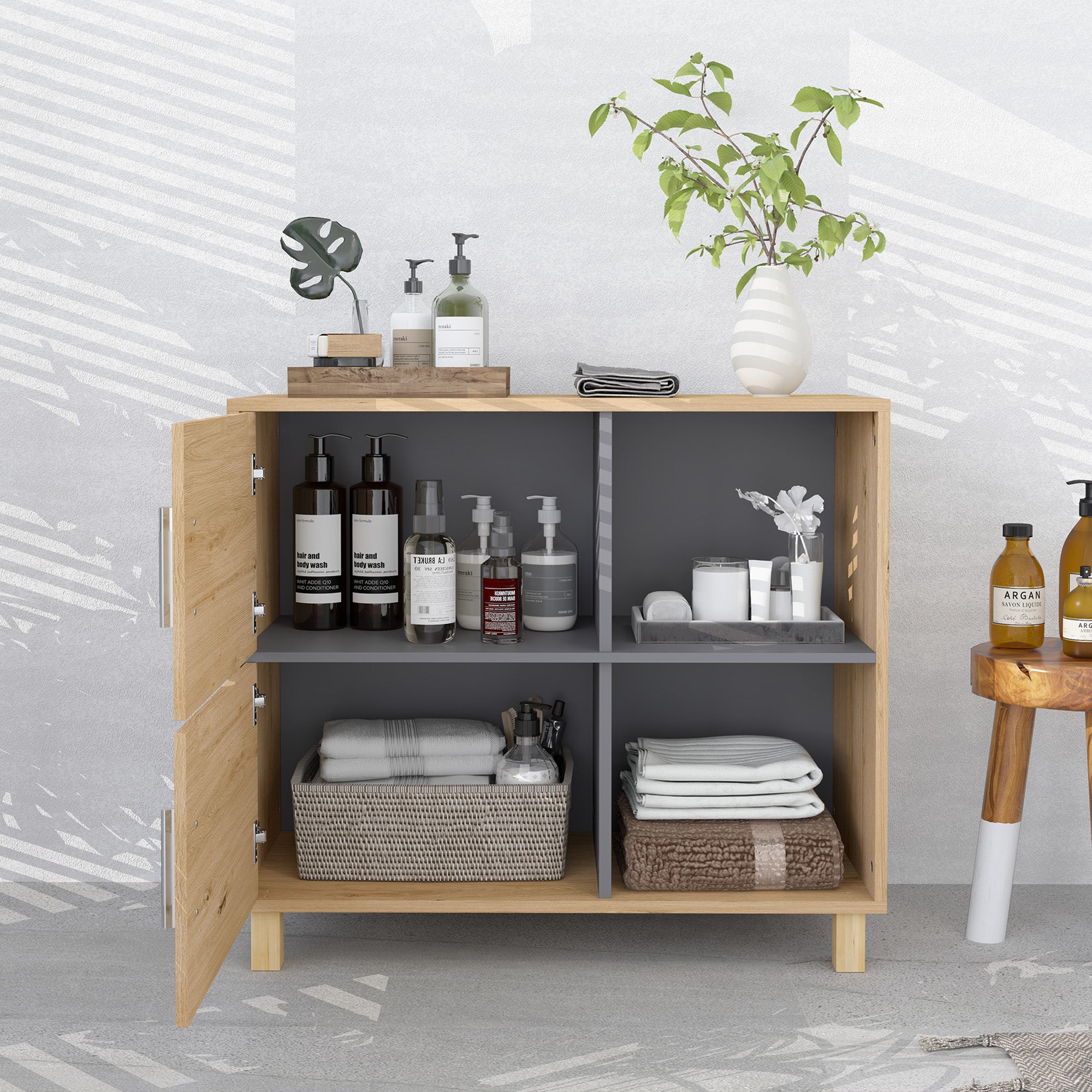 Bathroom Cabinet, Storage Cabinet with Open Compartments and Cabinet, Bathroom Cabinet size 80L x 35W x 70H cm, natural wood