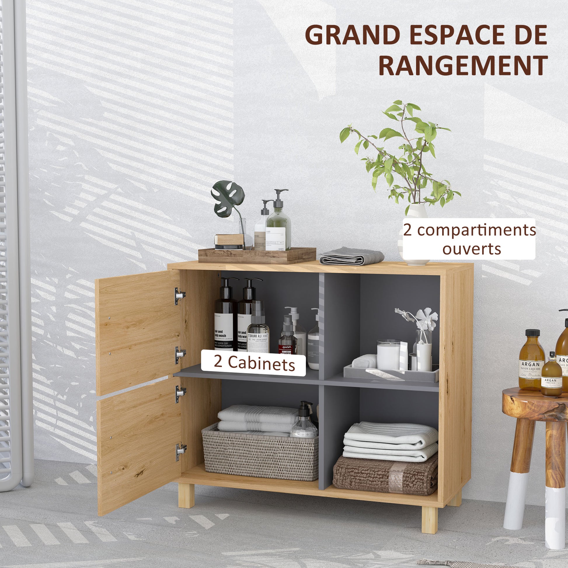 Bathroom Cabinet, Storage Cabinet with Open Compartments and Cabinet, Bathroom Cabinet size 80L x 35W x 70H cm, natural wood