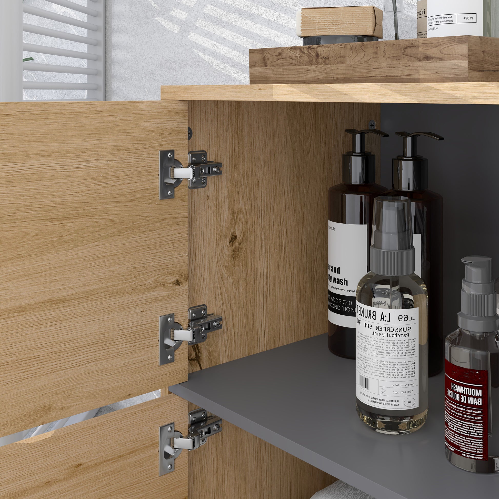 Bathroom Cabinet, Storage Cabinet with Open Compartments and Cabinet, Bathroom Cabinet size 80L x 35W x 70H cm, natural wood