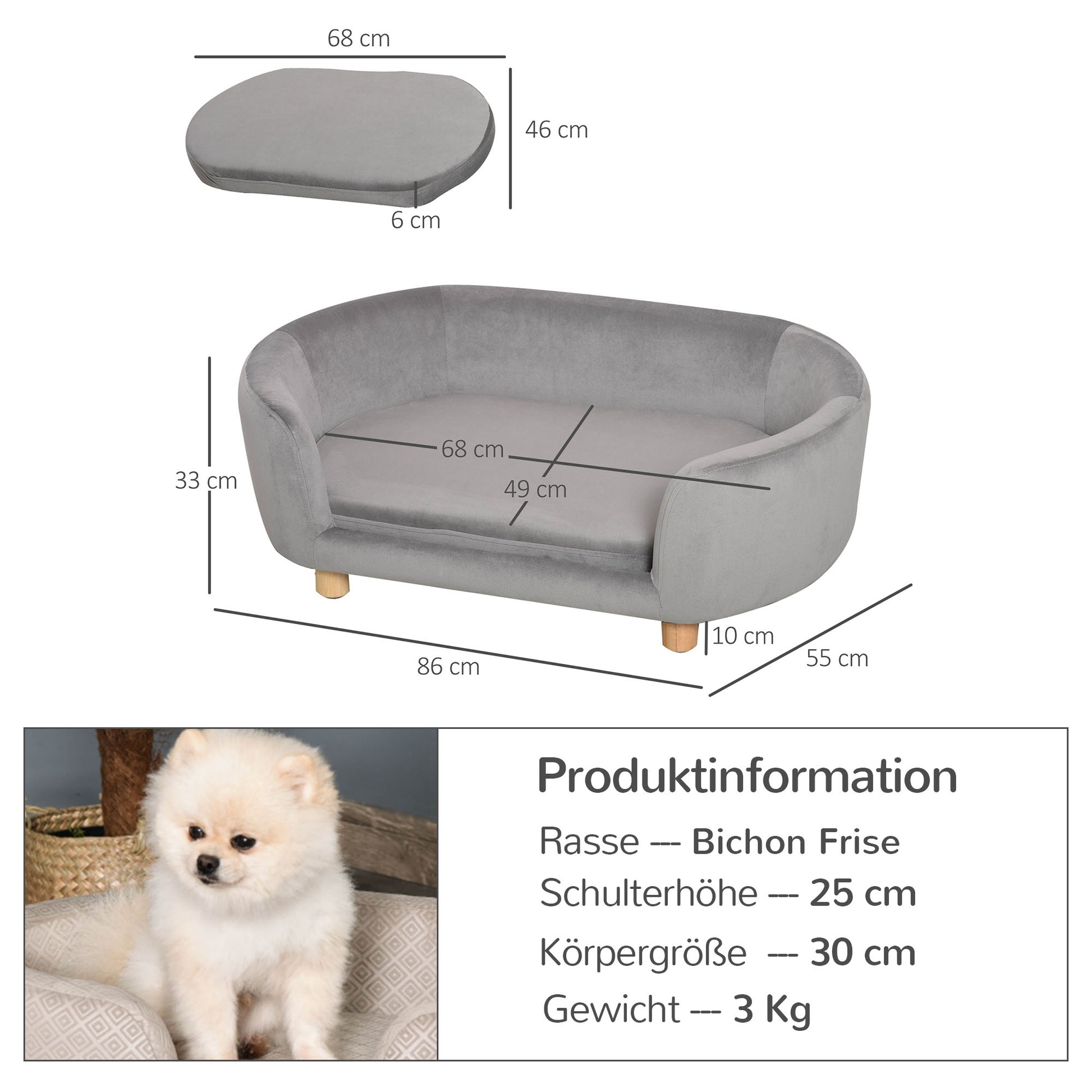 Pet Sofa Dog Sofa Dog Bed with Dutch Velvet Foam Birch Leg for Cats Dogs 86 x 55 x 33 cm Light Grey