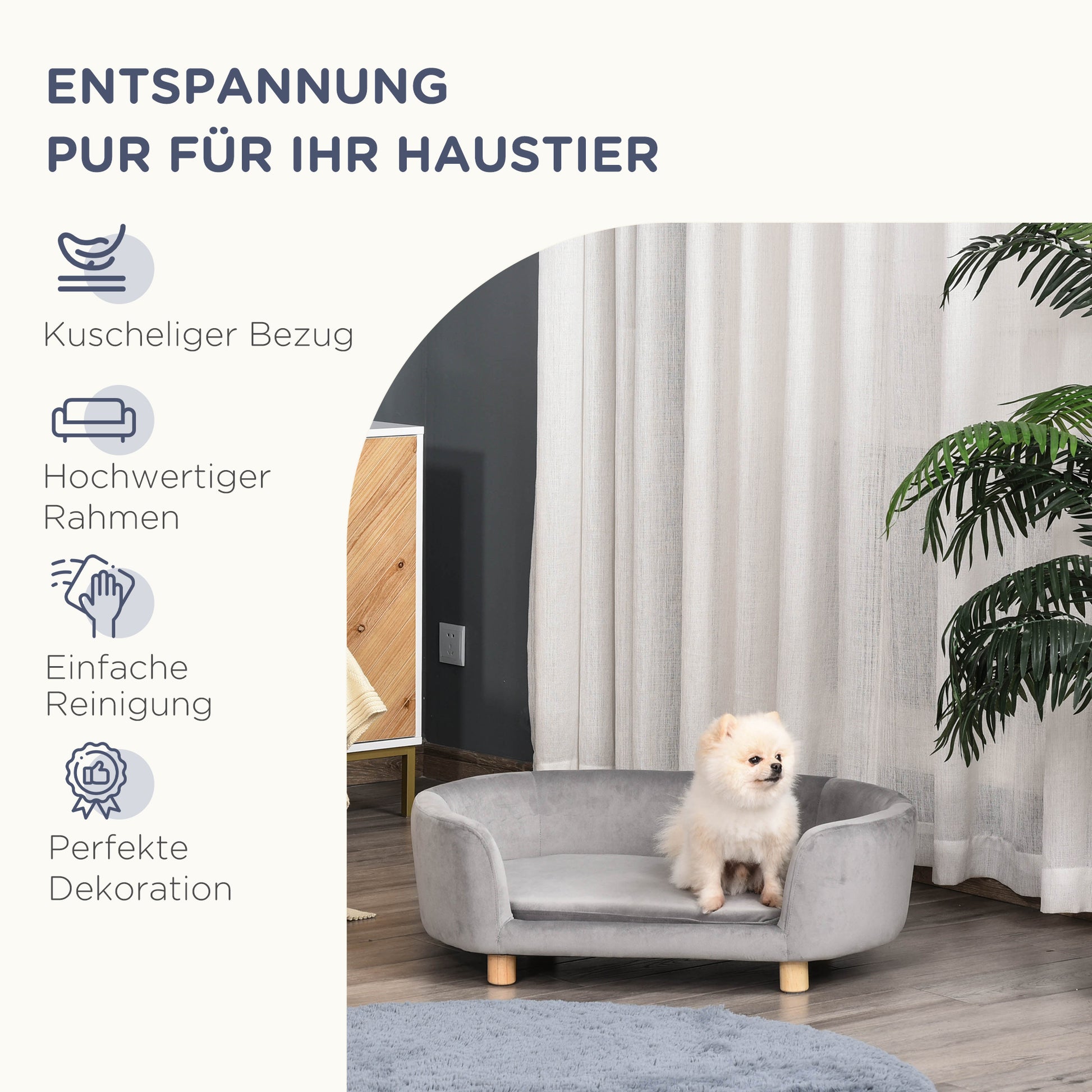 Pet Sofa Dog Sofa Dog Bed with Dutch Velvet Foam Birch Leg for Cats Dogs 86 x 55 x 33 cm Light Grey