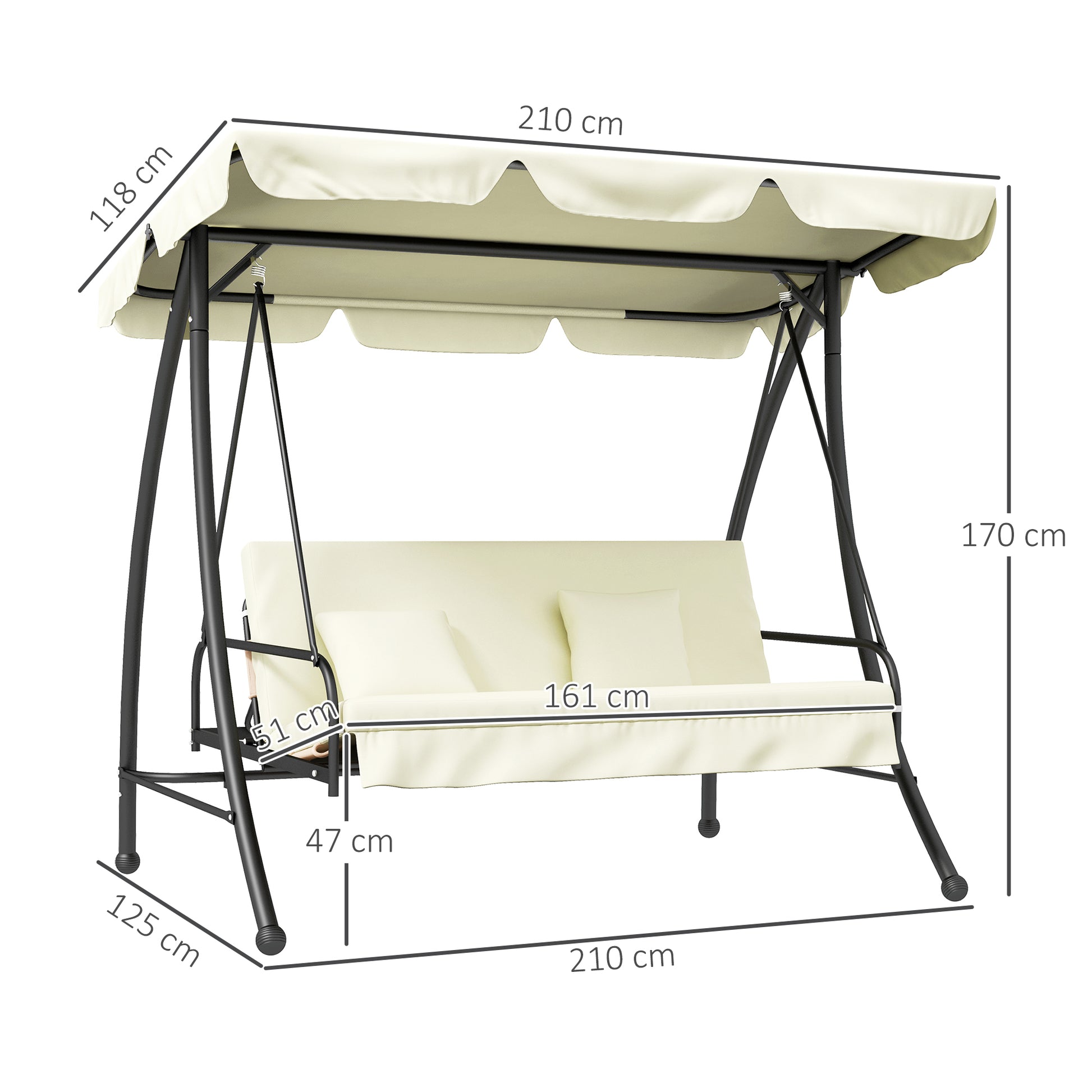2 in 1 Hollywood Swing Seat with Reclining Function 3-Seater Garden Swing Seat with Adjustable Sunshade, Swing Bench Supports up to 240kg, Garden Lounger for Garden, Terrace, 200x125x170 cm, Cream White
