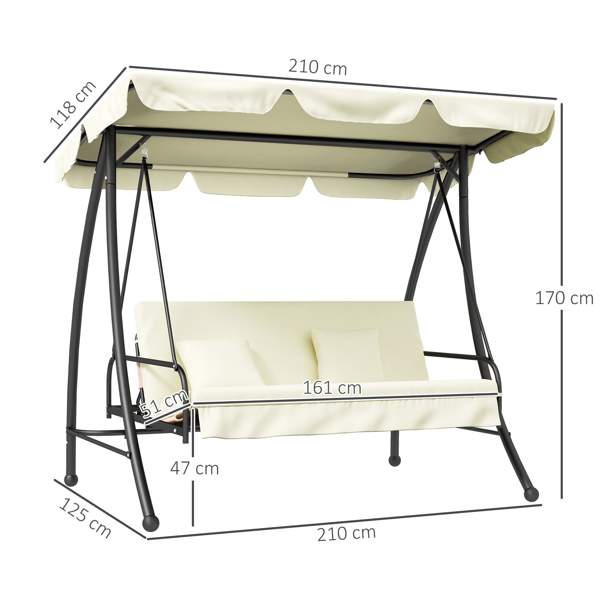 2 in 1 Hollywood Swing Seat with Reclining Function 3-Seater Garden Swing Seat with Adjustable Sunshade, Swing Bench Supports up to 240kg, Garden Lounger for Garden, Terrace, 200x125x170 cm, Cream White