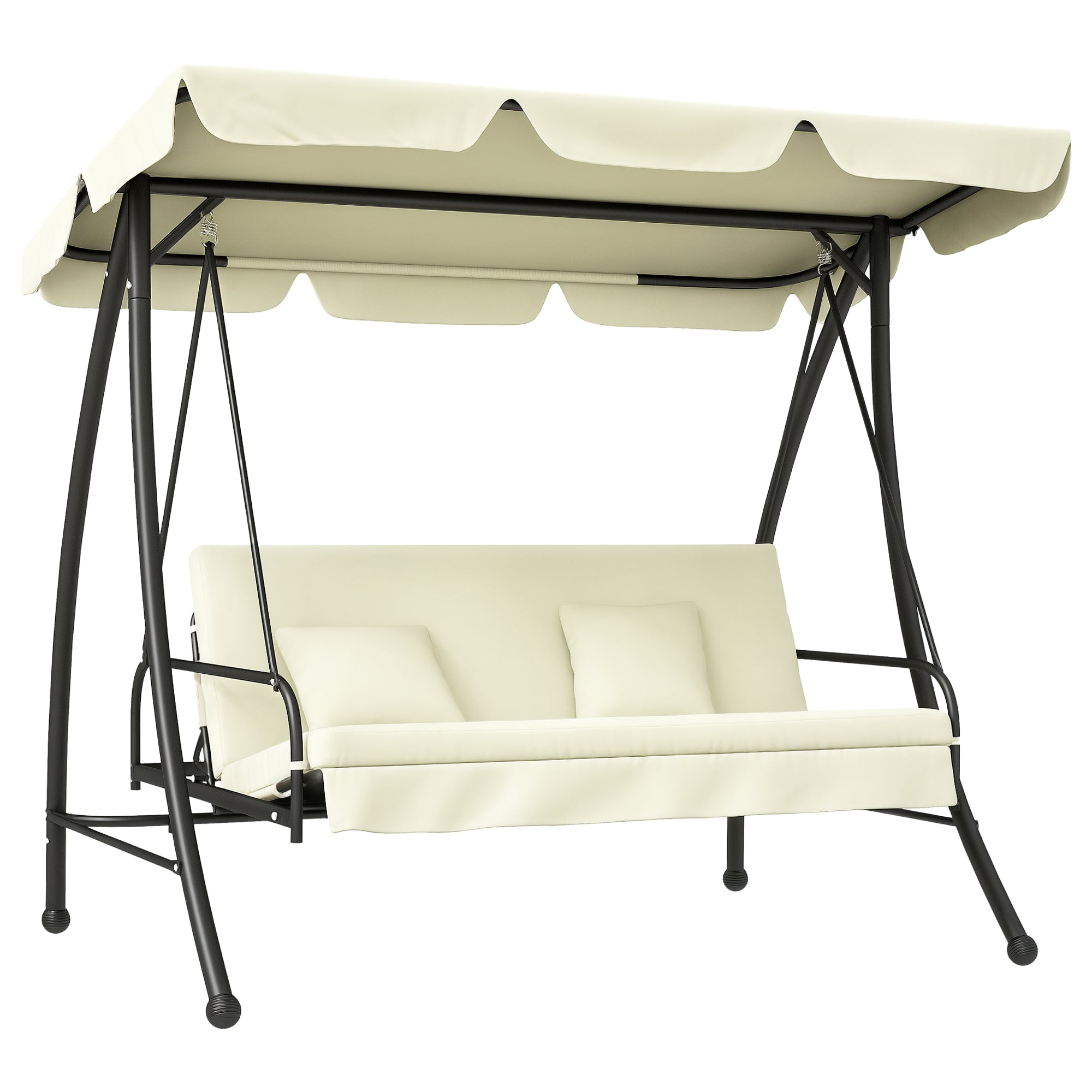 2 in 1 Hollywood Swing Seat with Reclining Function 3-Seater Garden Swing Seat with Adjustable Sunshade, Swing Bench Supports up to 240kg, Garden Lounger for Garden, Terrace, 200x125x170 cm, Cream White