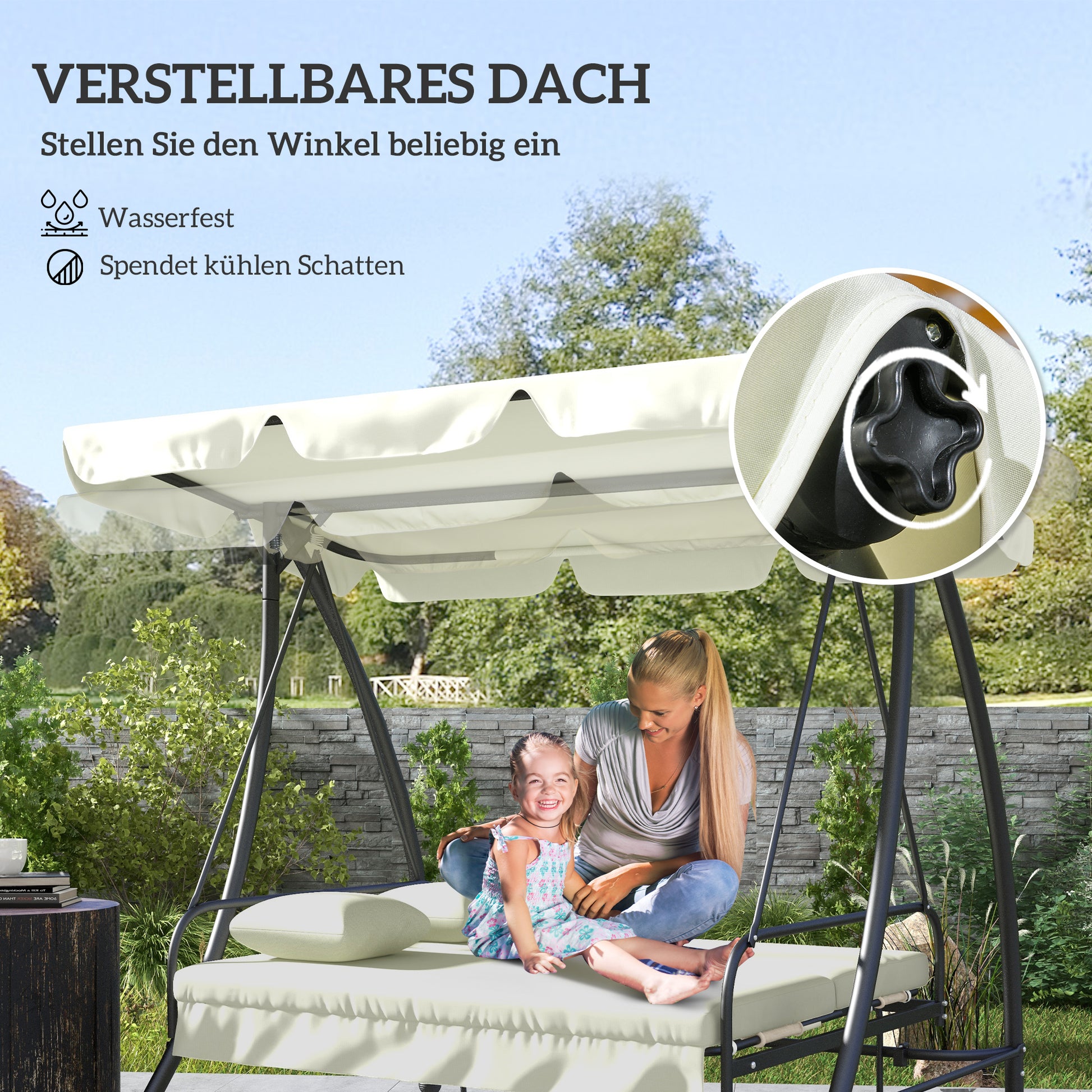 2 in 1 Hollywood Swing Seat with Reclining Function 3-Seater Garden Swing Seat with Adjustable Sunshade, Swing Bench Supports up to 240kg, Garden Lounger for Garden, Terrace, 200x125x170 cm, Cream White
