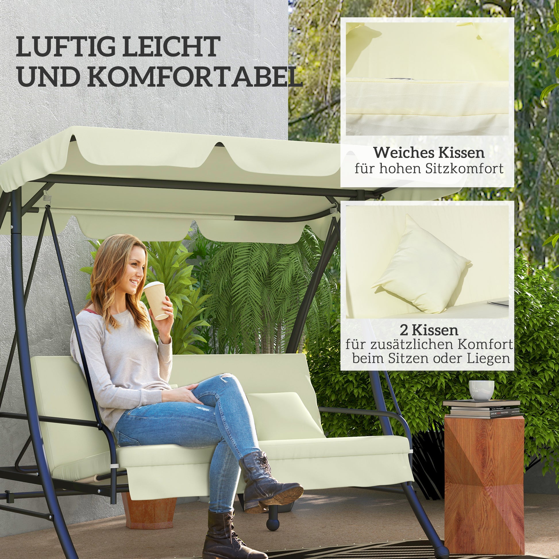 2 in 1 Hollywood Swing Seat with Reclining Function 3-Seater Garden Swing Seat with Adjustable Sunshade, Swing Bench Supports up to 240kg, Garden Lounger for Garden, Terrace, 200x125x170 cm, Cream White