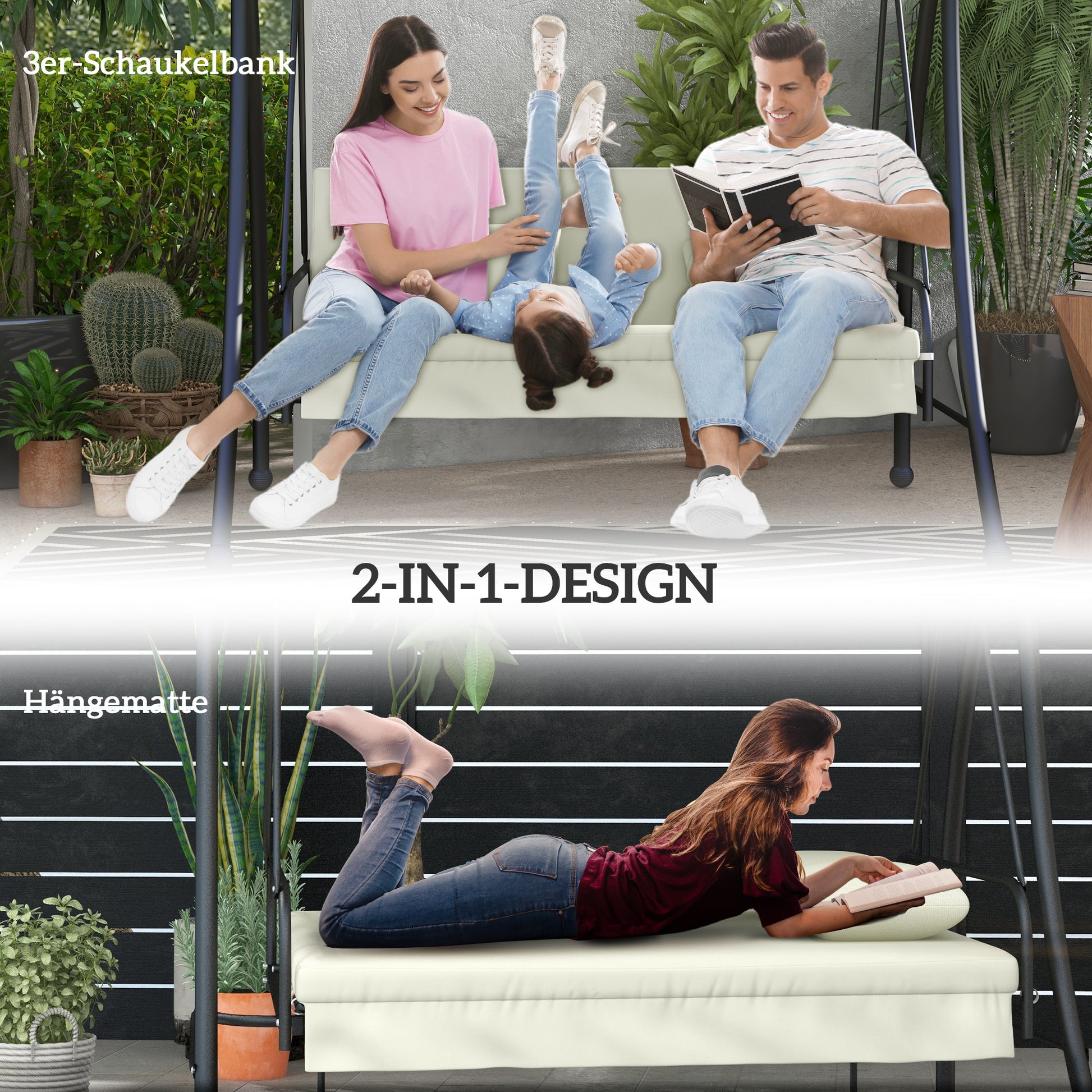 2 in 1 Hollywood Swing Seat with Reclining Function 3-Seater Garden Swing Seat with Adjustable Sunshade, Swing Bench Supports up to 240kg, Garden Lounger for Garden, Terrace, 200x125x170 cm, Cream White