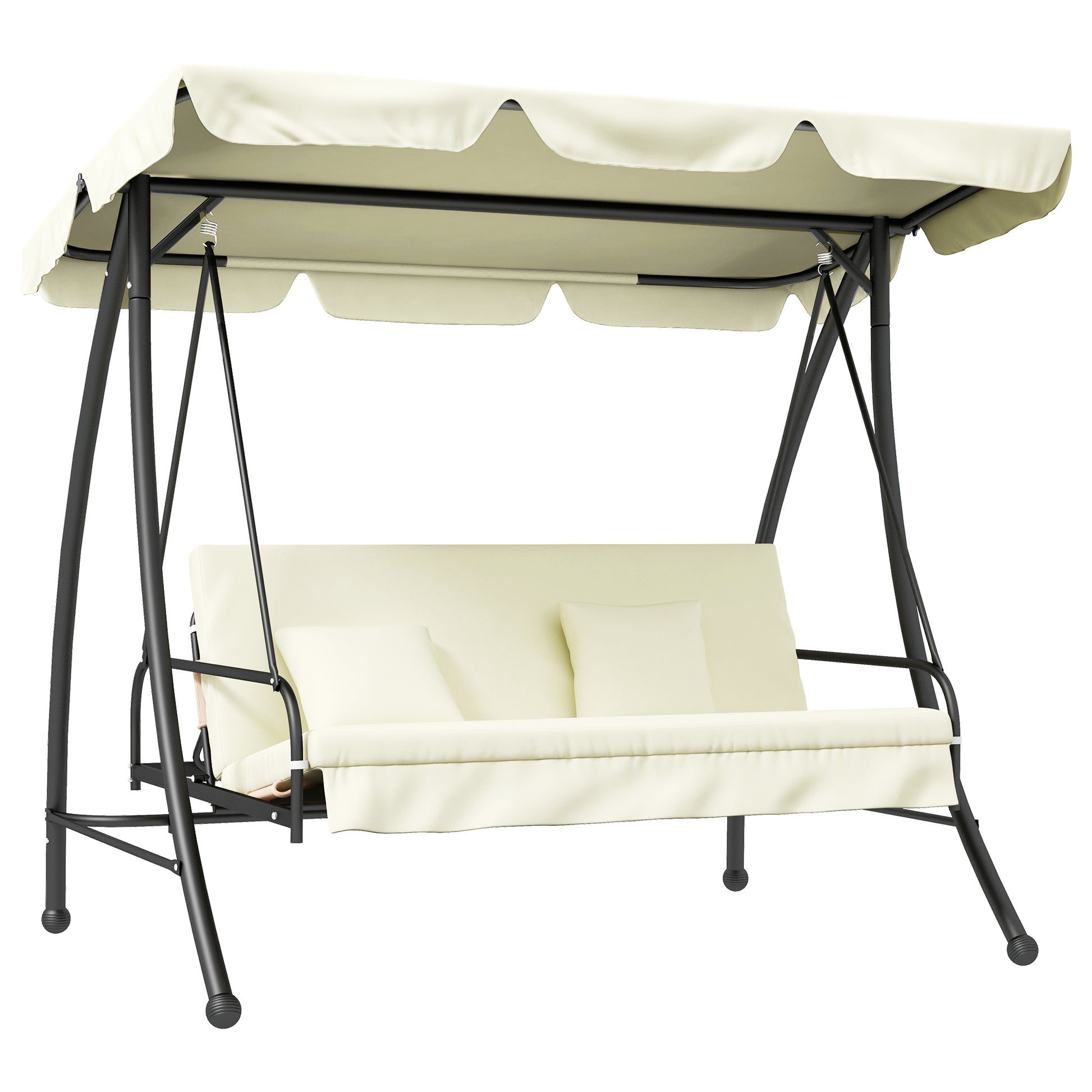 2 in 1 Hollywood Swing Seat with Reclining Function 3-Seater Garden Swing Seat with Adjustable Sunshade, Swing Bench Supports up to 240kg, Garden Lounger for Garden, Terrace, 200x125x170 cm, Cream White