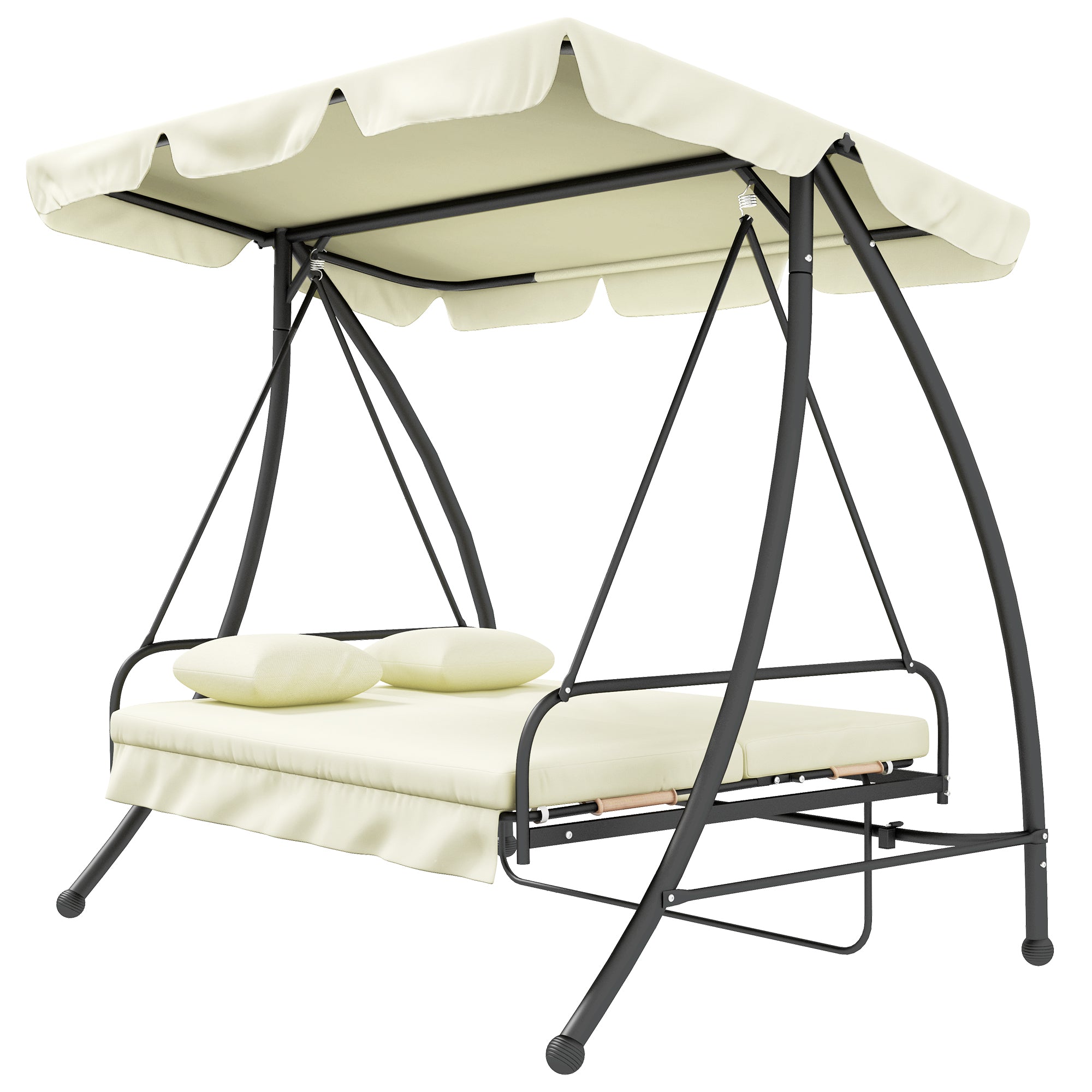2 in 1 Hollywood Swing Seat with Reclining Function 3-Seater Garden Swing Seat with Adjustable Sunshade, Swing Bench Supports up to 240kg, Garden Lounger for Garden, Terrace, 200x125x170 cm, Cream White