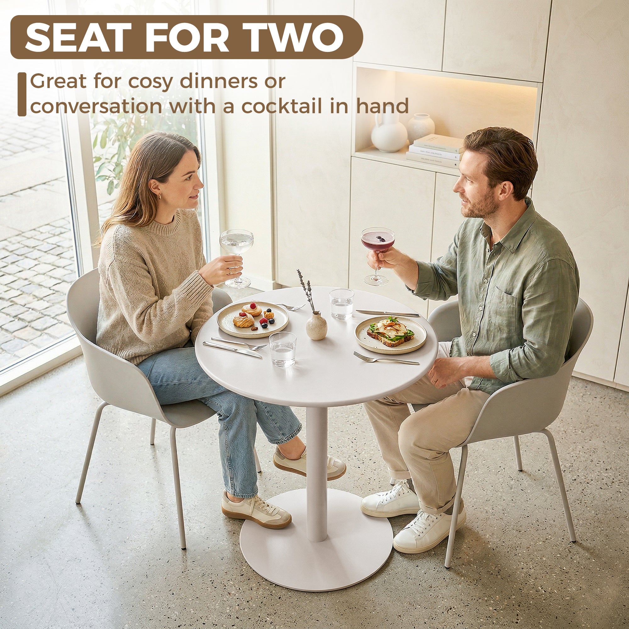 24 in Round Dining Table for 2 – Small Modern Kitchen, Dining & Bistro Table, Beige Steel