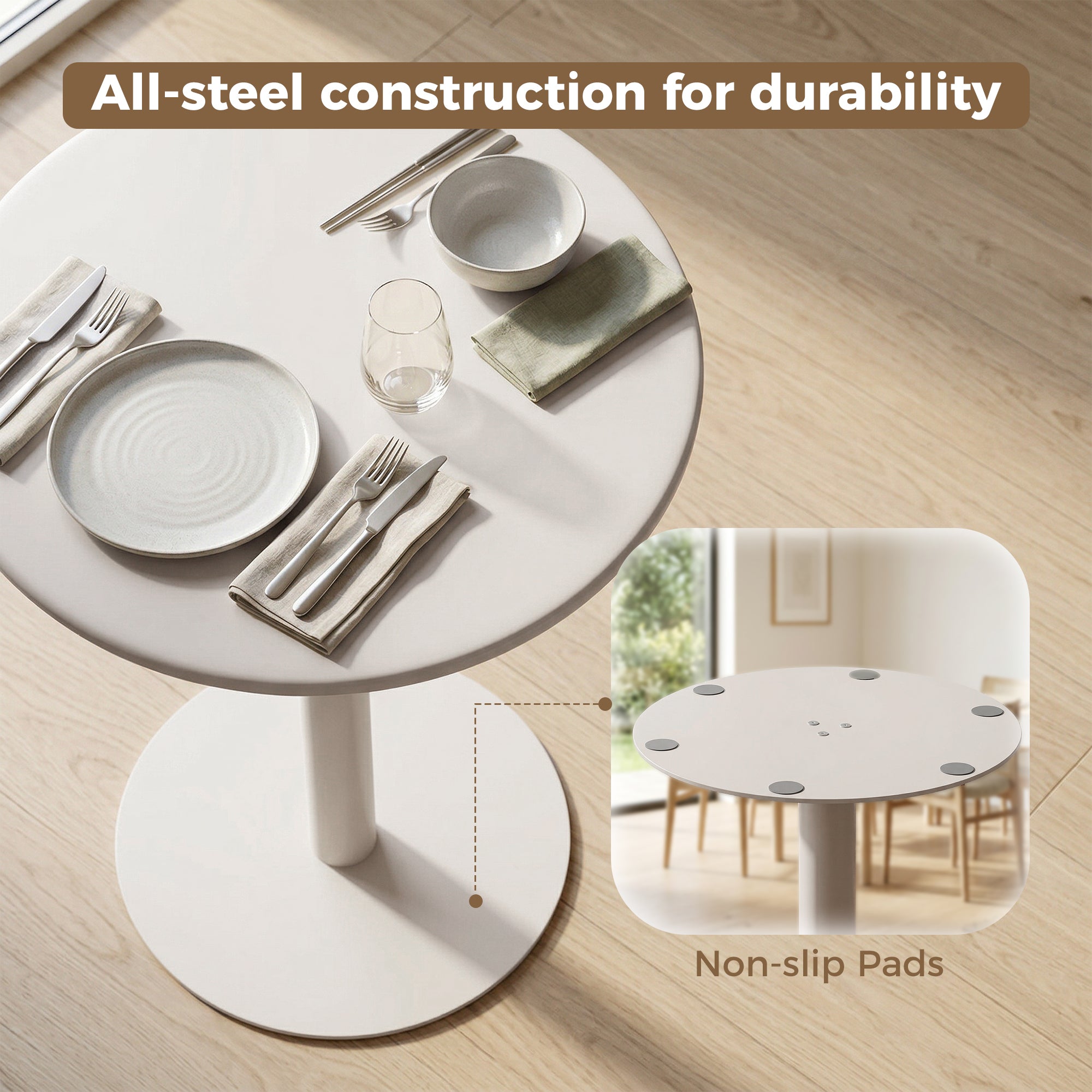 24 in Round Dining Table for 2 – Small Modern Kitchen, Dining & Bistro Table, Beige Steel