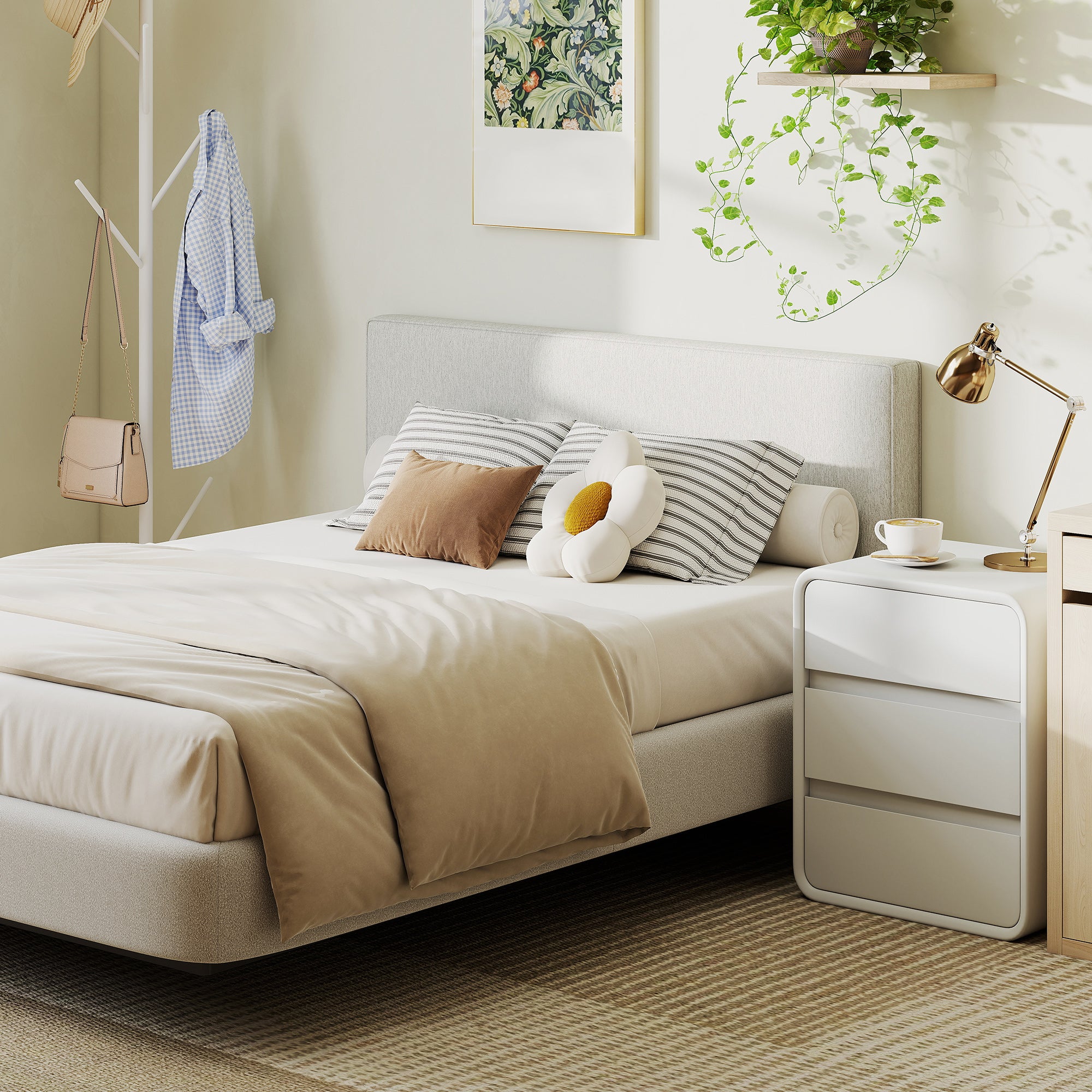 Padded Linen-Effect Wall Headboard, 140 x 60 cm (55 x 24 in), Cream — Eucalyptus Frame, Easy Wall-Mount