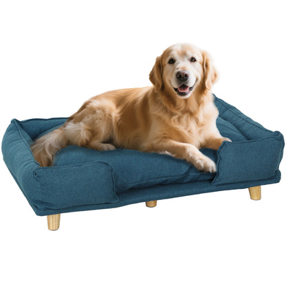 Dog Sofa, Pet Sofa with Pillow, Dog Bed with Elevated Design, Cat Sofa, Dog Couch, Dog Armchair with Wooden Legs, Polyester, Dark Blue, 96 x 66 x 24 cm