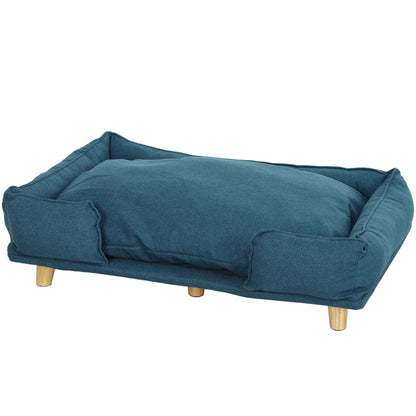 Dog Sofa, Pet Sofa with Pillow, Dog Bed with Elevated Design, Cat Sofa, Dog Couch, Dog Armchair with Wooden Legs, Polyester, Dark Blue, 96 x 66 x 24 cm