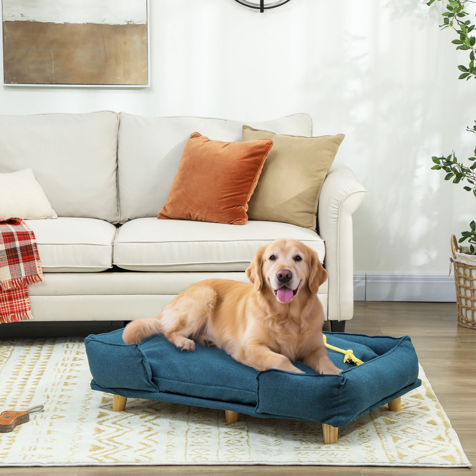 Dog Sofa, Pet Sofa with Pillow, Dog Bed with Elevated Design, Cat Sofa, Dog Couch, Dog Armchair with Wooden Legs, Polyester, Dark Blue, 96 x 66 x 24 cm