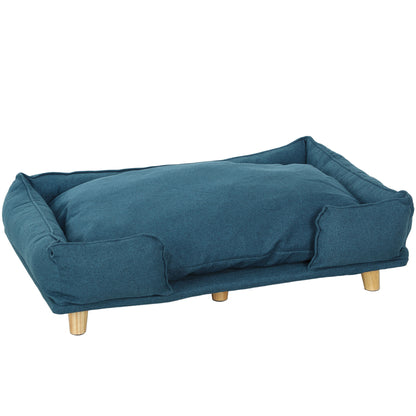 Dog Sofa, Pet Sofa with Pillow, Dog Bed with Elevated Design, Cat Sofa, Dog Couch, Dog Armchair with Wooden Legs, Polyester, Dark Blue, 96 x 66 x 24 cm