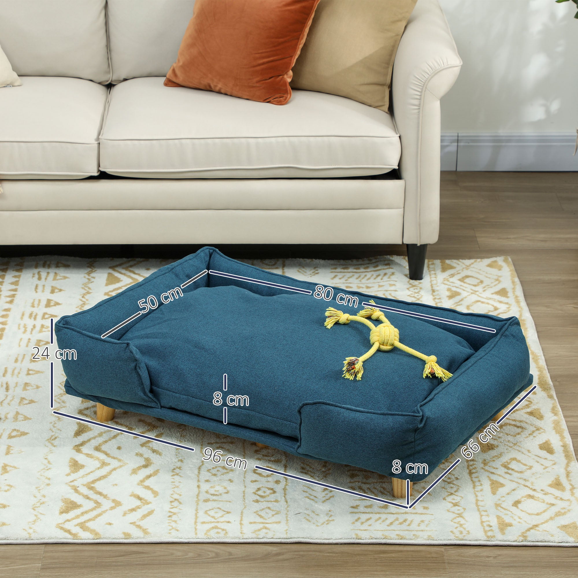 Dog Sofa, Pet Sofa with Pillow, Dog Bed with Elevated Design, Cat Sofa, Dog Couch, Dog Armchair with Wooden Legs, Polyester, Dark Blue, 96 x 66 x 24 cm