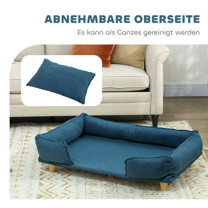 Dog Sofa, Pet Sofa with Pillow, Dog Bed with Elevated Design, Cat Sofa, Dog Couch, Dog Armchair with Wooden Legs, Polyester, Dark Blue, 96 x 66 x 24 cm