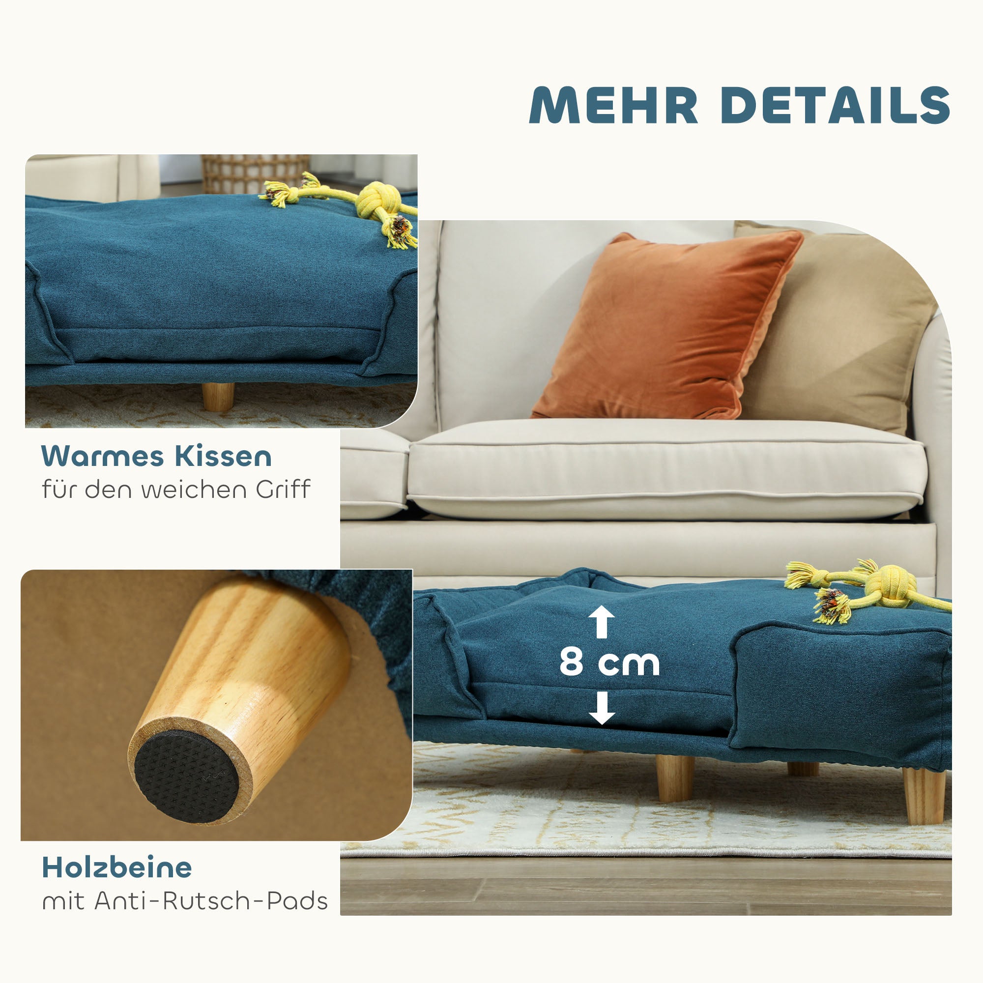 Dog Sofa, Pet Sofa with Pillow, Dog Bed with Elevated Design, Cat Sofa, Dog Couch, Dog Armchair with Wooden Legs, Polyester, Dark Blue, 96 x 66 x 24 cm