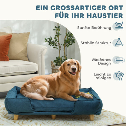 Dog Sofa, Pet Sofa with Pillow, Dog Bed with Elevated Design, Cat Sofa, Dog Couch, Dog Armchair with Wooden Legs, Polyester, Dark Blue, 96 x 66 x 24 cm