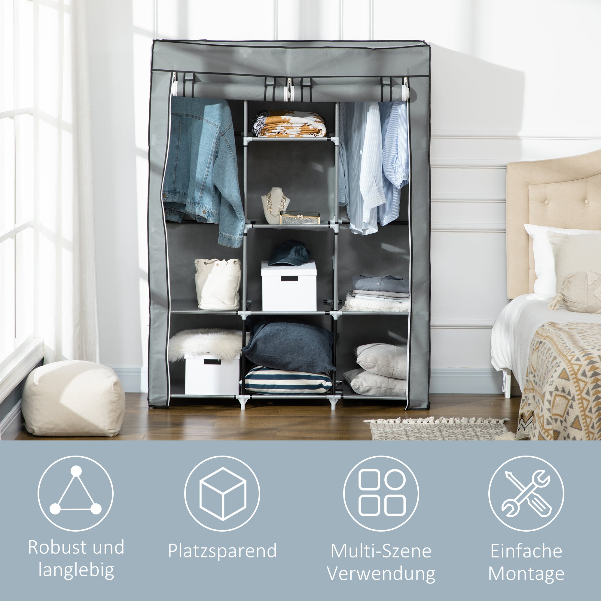 Fabric Wardrobe, Clothes Rail Wardrobe with 8 Shelves, Folding Wardrobe, Foldable Closet for Bedroom, Hallway, Non-Woven Fabric, Light Grey, 125 x 43 x 162.5 cm