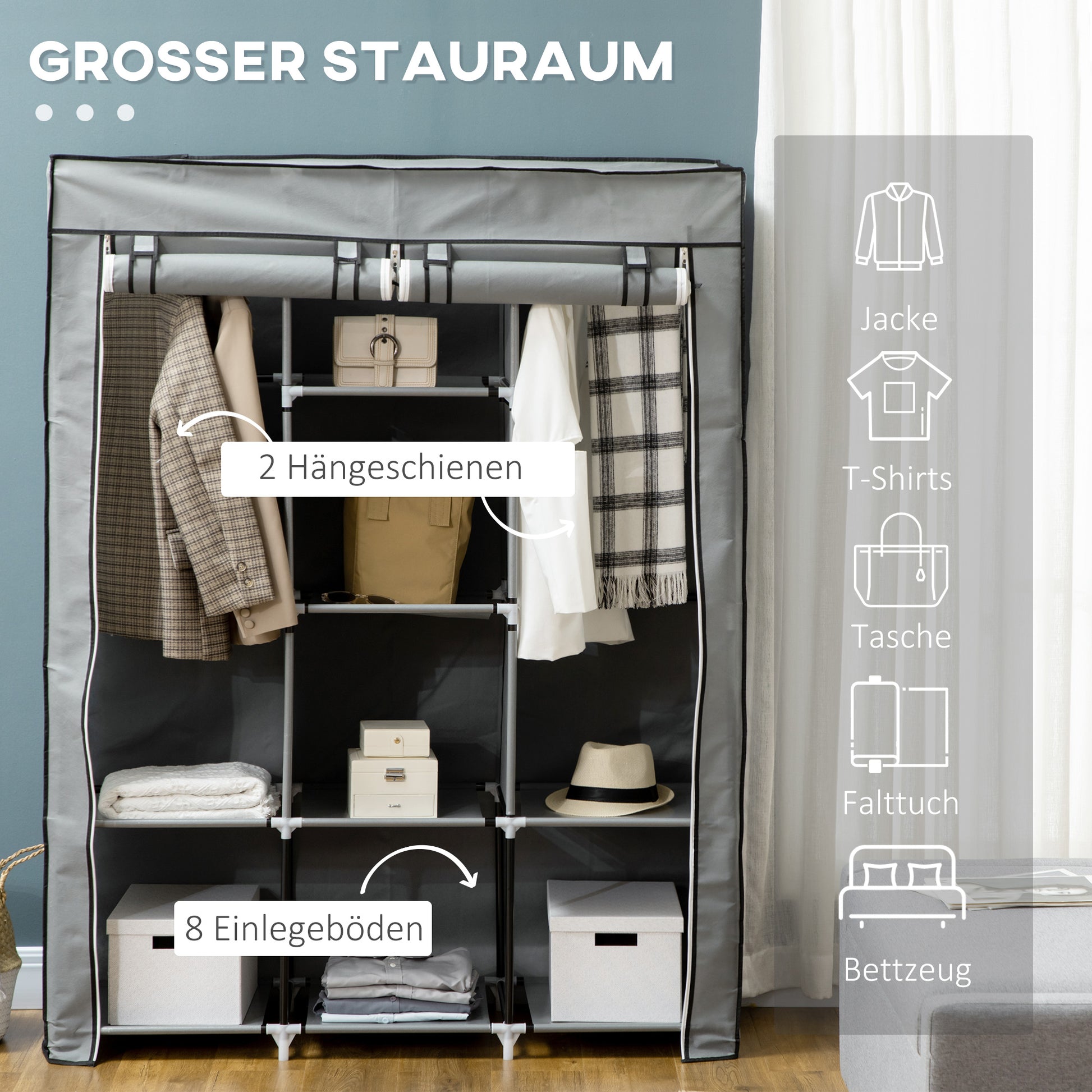 Fabric Wardrobe, Clothes Rail Wardrobe with 8 Shelves, Folding Wardrobe, Foldable Closet for Bedroom, Hallway, Non-Woven Fabric, Light Grey, 125 x 43 x 162.5 cm