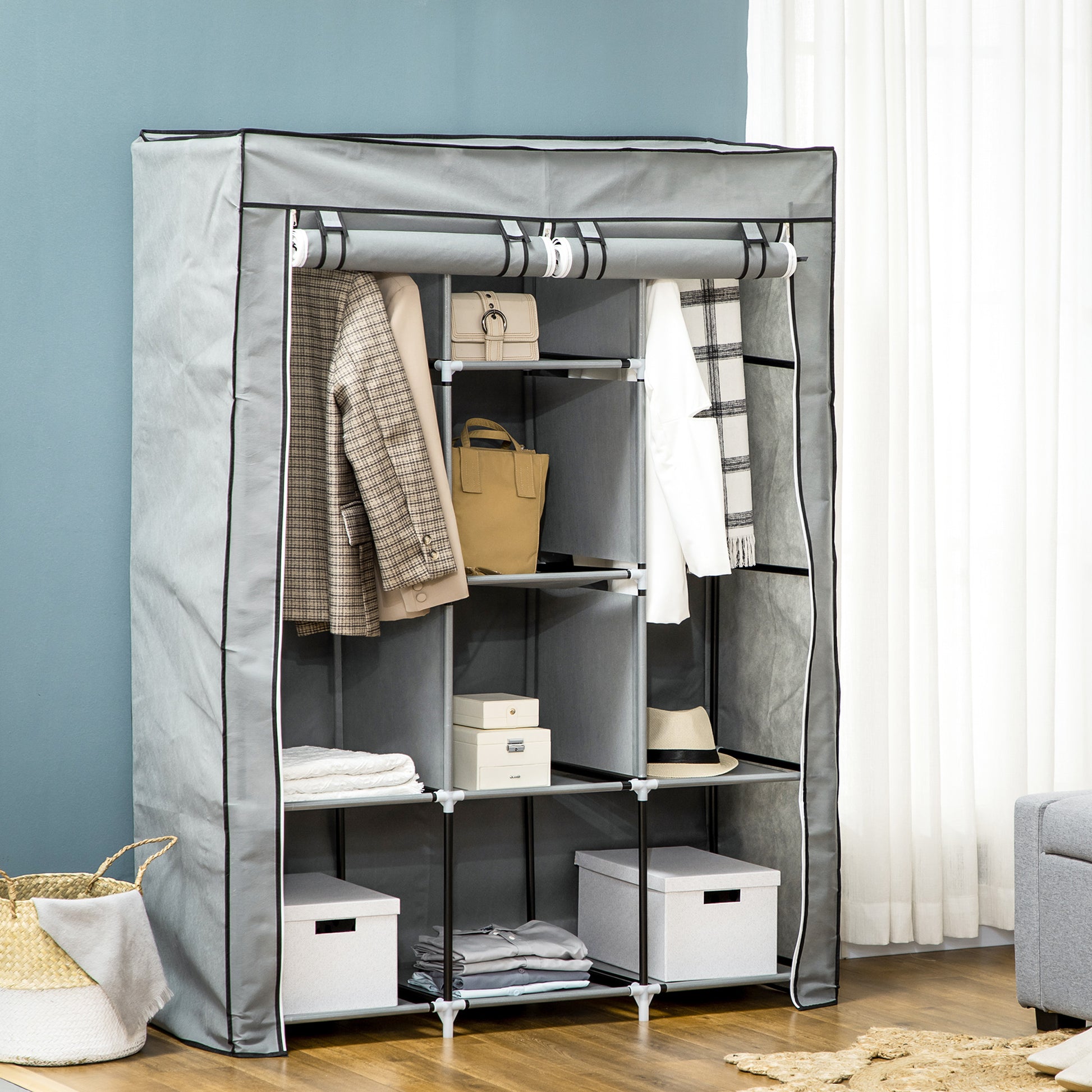 Fabric Wardrobe, Clothes Rail Wardrobe with 8 Shelves, Folding Wardrobe, Foldable Closet for Bedroom, Hallway, Non-Woven Fabric, Light Grey, 125 x 43 x 162.5 cm