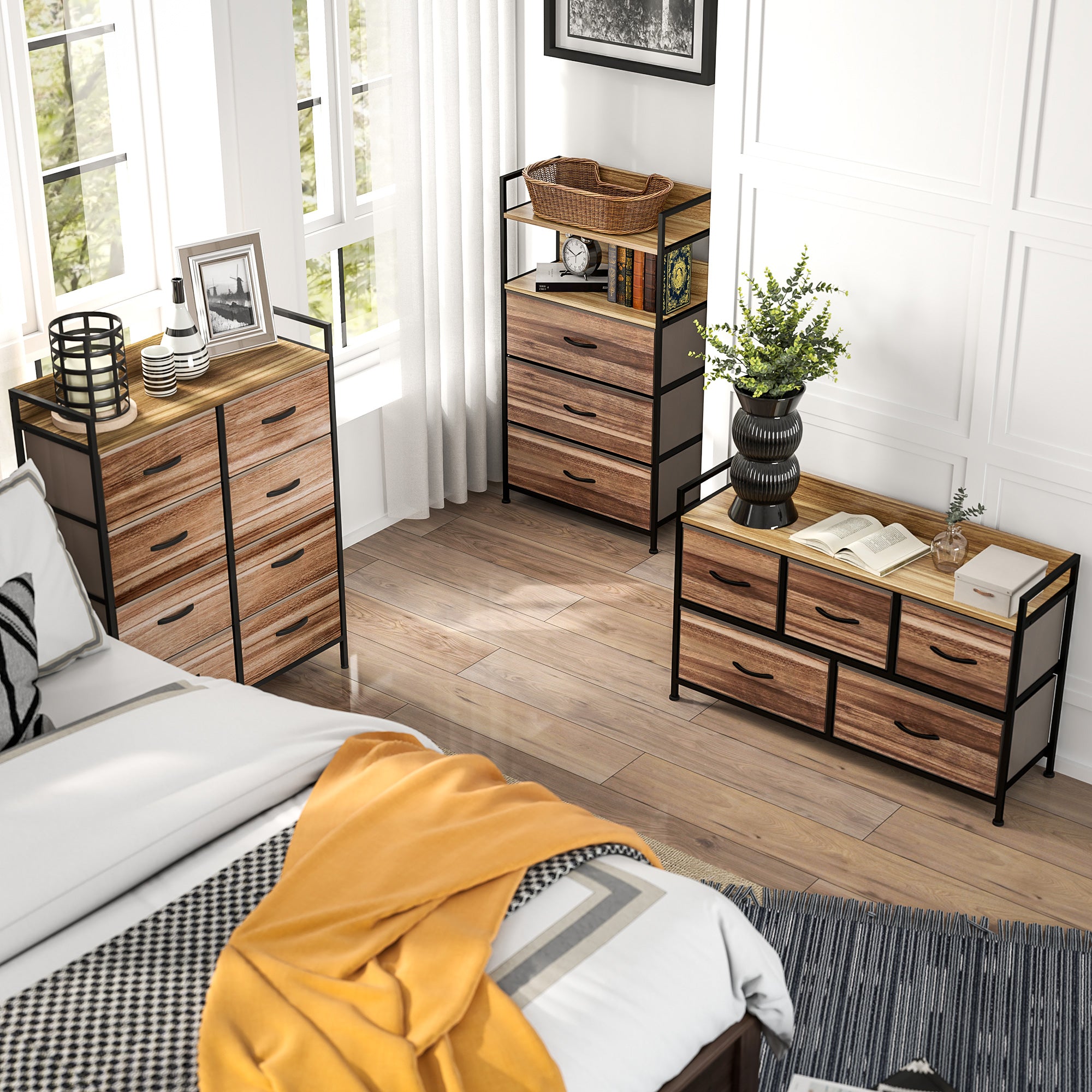 Industrial Style Storage Cabinet with 3 Removable Fabric Drawers and 2 Shelves - 60 x 29 x 101 cm - Wood and Black Metal Look