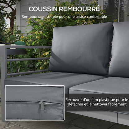 Garden Sofa 3-Seater Outdoor Sofa in Aluminum with Seat and Back Cushions - 185L x 66W x 64H cm