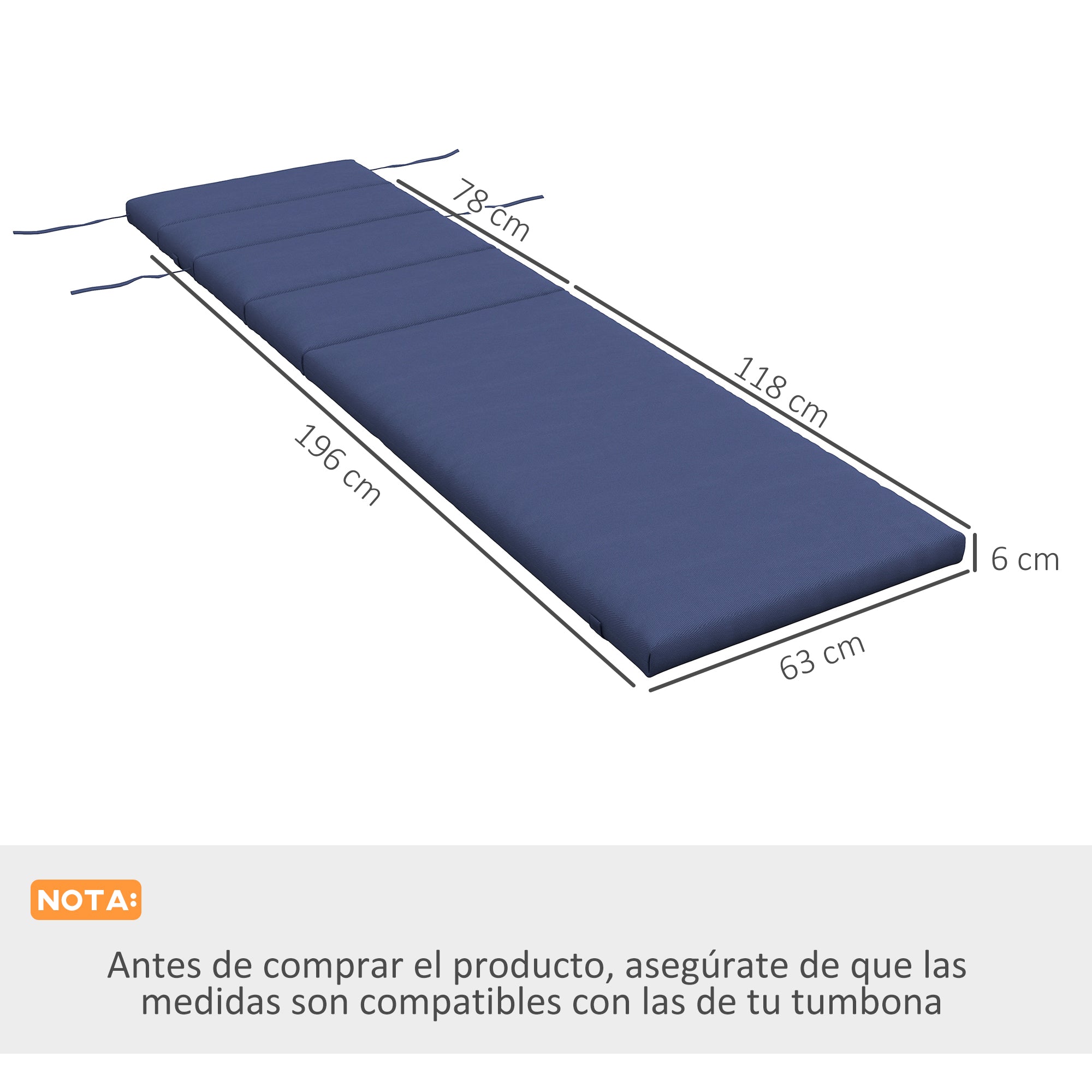 Lounge Chair Cushion 196x63x6 cm Cotton Lounger Mat with Water-Repellent Fabric Seat and Back Cushion for Garden Terrace Balcony Dark Blue