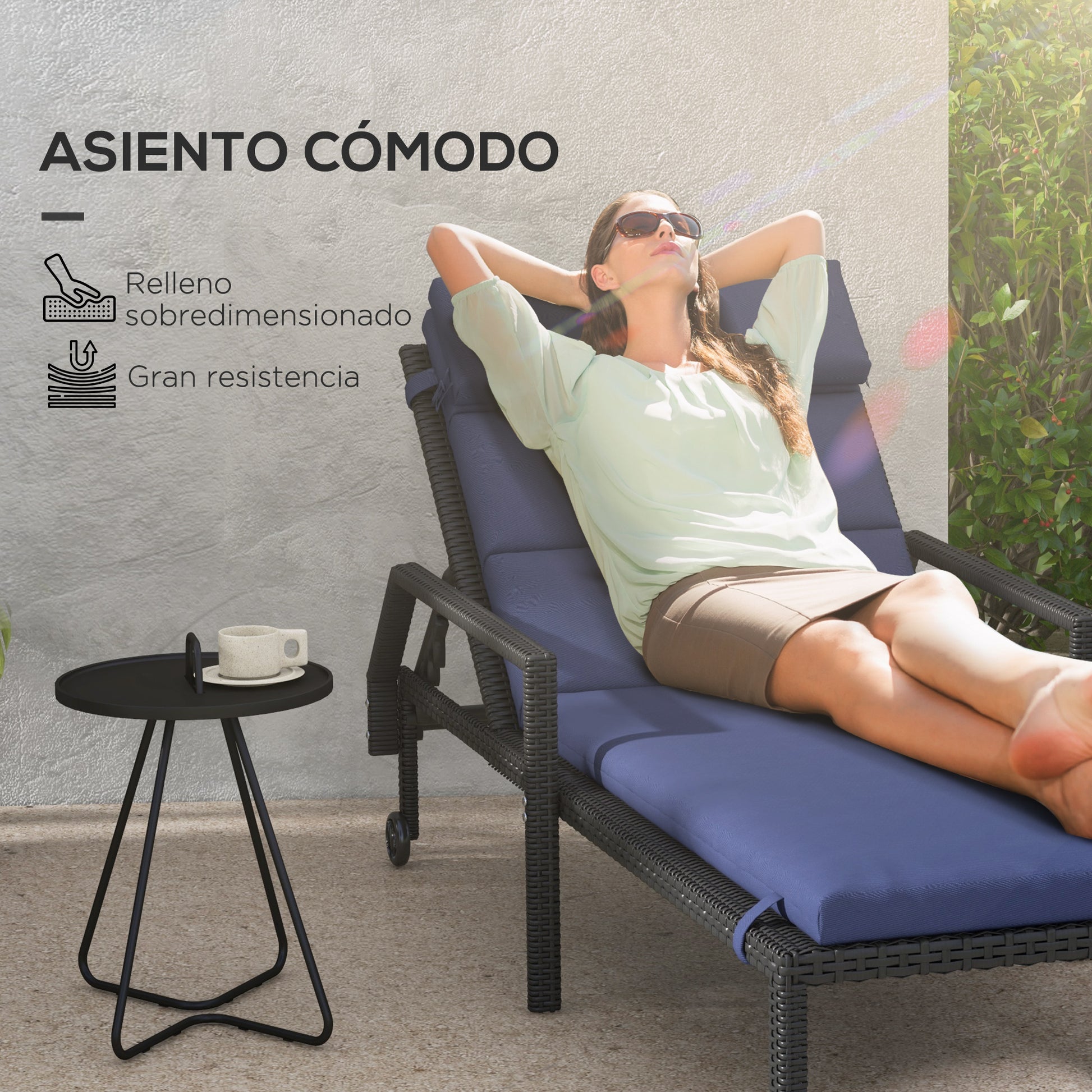 Lounge Chair Cushion 196x63x6 cm Cotton Lounger Mat with Water-Repellent Fabric Seat and Back Cushion for Garden Terrace Balcony Dark Blue