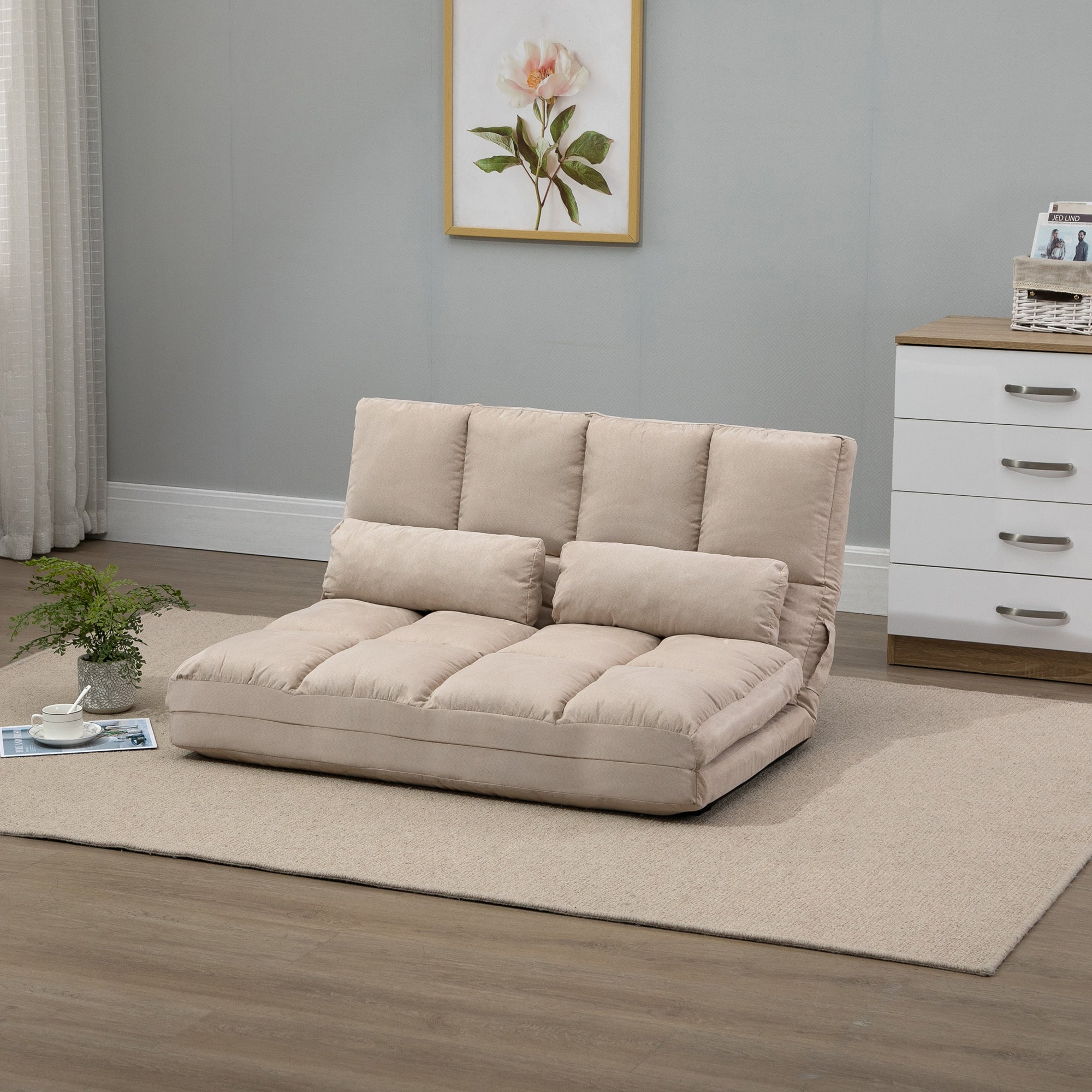 Folding Floor Chair with Adjustable Backrest Incline, 2 Cushions Included, Suede-like Polyester Cover, for Living Room, Bedroom, and Office, Beige