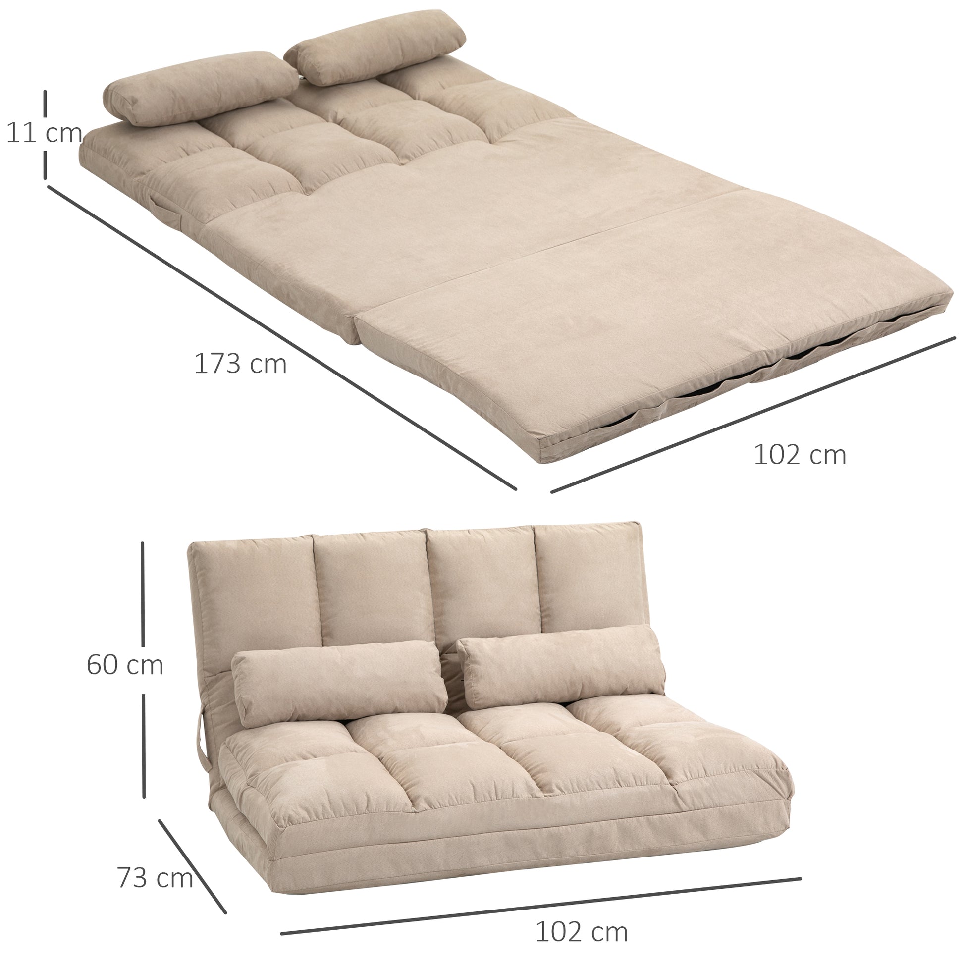 Folding Floor Chair with Adjustable Backrest Incline, 2 Cushions Included, Suede-like Polyester Cover, for Living Room, Bedroom, and Office, Beige