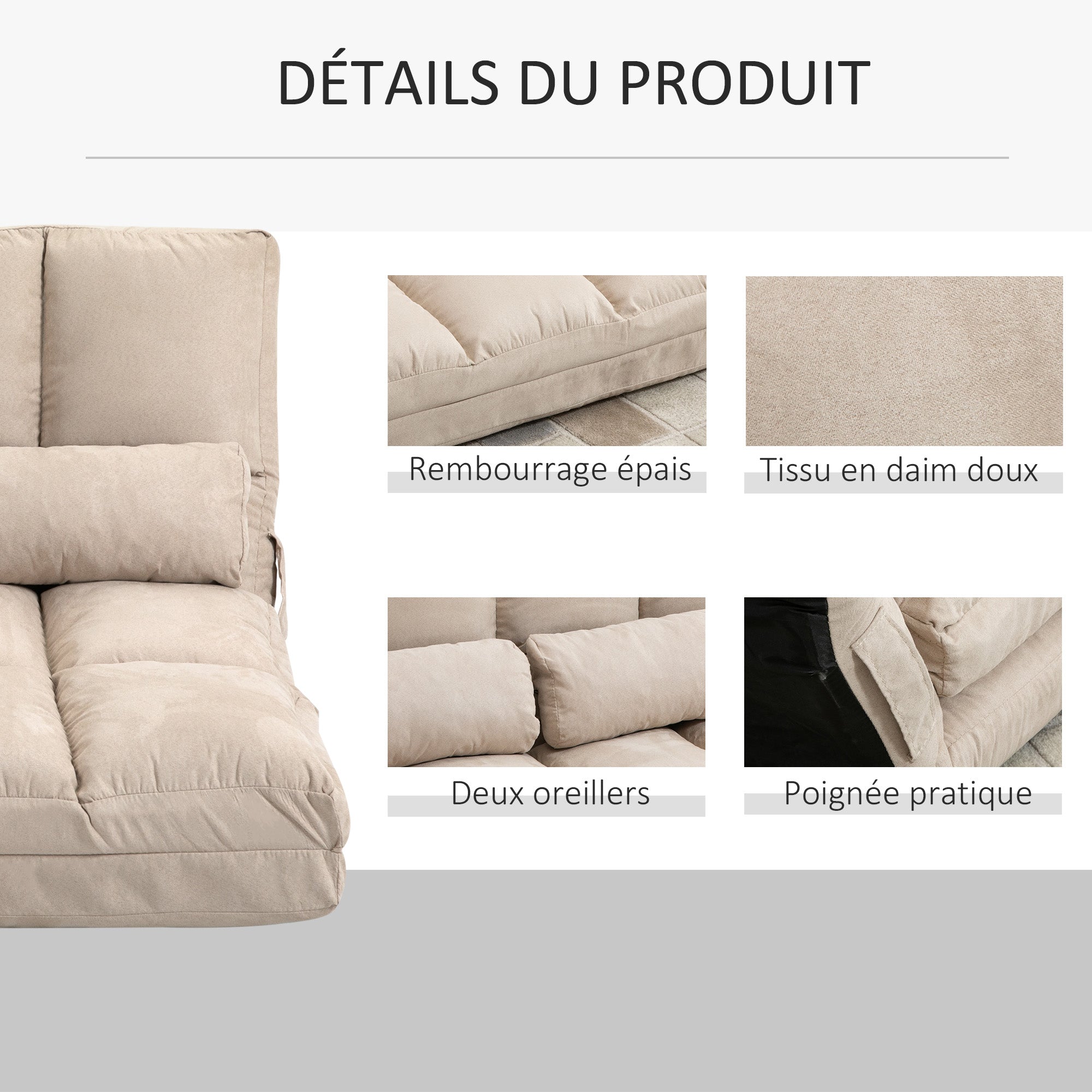 Folding Floor Chair with Adjustable Backrest Incline, 2 Cushions Included, Suede-like Polyester Cover, for Living Room, Bedroom, and Office, Beige
