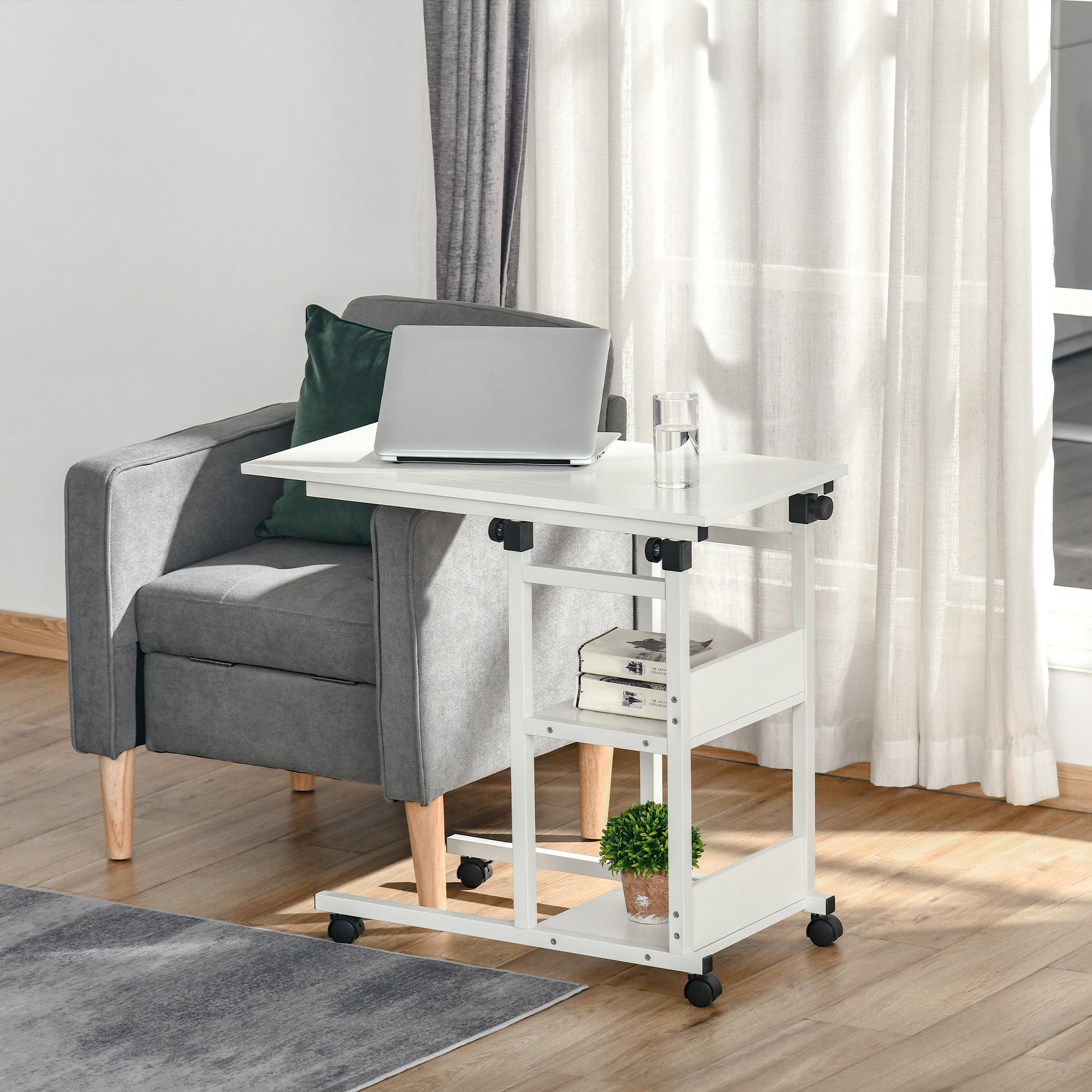 Side Table Coffee Table with Casters, Height Adjustable Desk with 2 Lower Shelves, Coffee Table Laptop Table, Bedside Table, for Dining Living Room, Metal, White, 80x40x72-82 cm