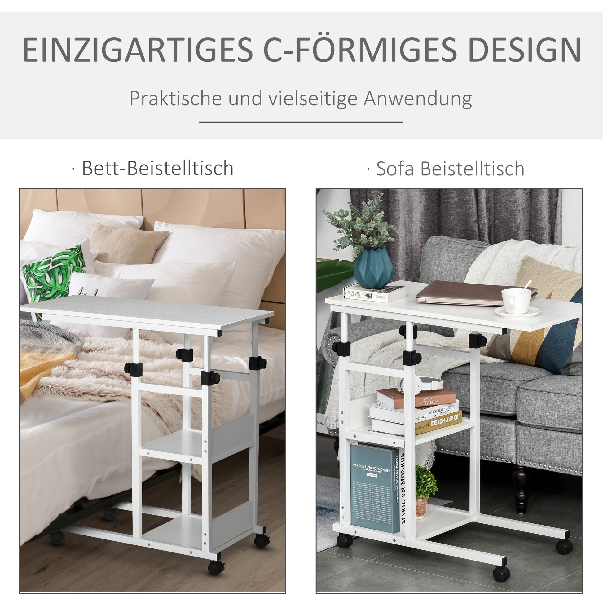 Side Table Coffee Table with Casters, Height Adjustable Desk with 2 Lower Shelves, Coffee Table Laptop Table, Bedside Table, for Dining Living Room, Metal, White, 80x40x72-82 cm