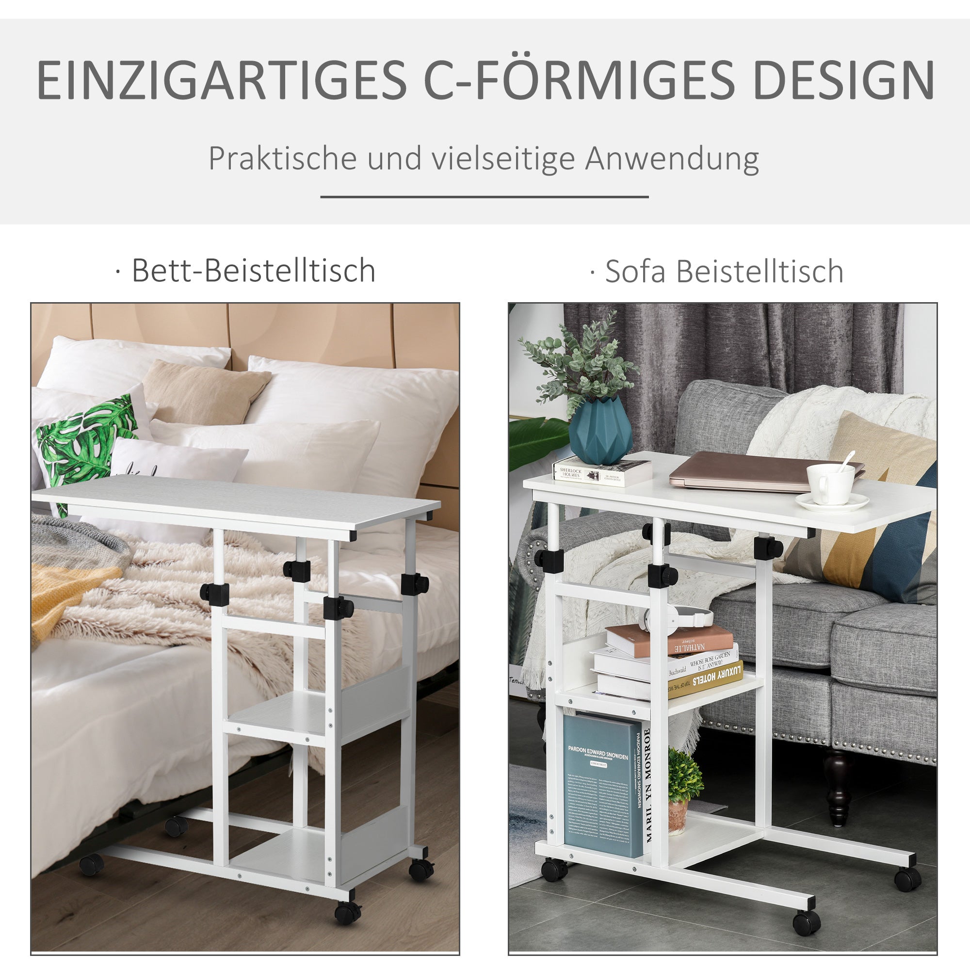 Side Table Coffee Table with Casters, Height Adjustable Desk with 2 Lower Shelves, Coffee Table Laptop Table, Bedside Table, for Dining Living Room, Metal, White, 80x40x72-82 cm