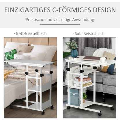 Side Table Coffee Table with Casters, Height Adjustable Desk with 2 Lower Shelves, Coffee Table Laptop Table, Bedside Table, for Dining Living Room, Metal, White, 80x40x72-82 cm