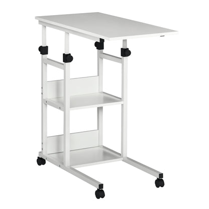 Side Table Coffee Table with Casters, Height Adjustable Desk with 2 Lower Shelves, Coffee Table Laptop Table, Bedside Table, for Dining Living Room, Metal, White, 80x40x72-82 cm