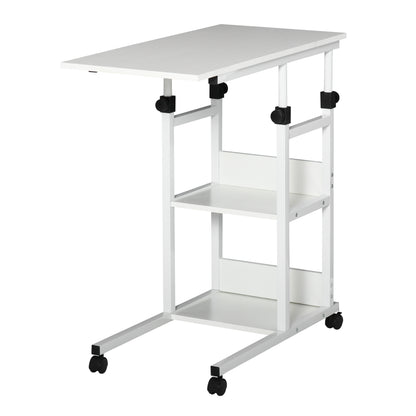 Side Table Coffee Table with Casters, Height Adjustable Desk with 2 Lower Shelves, Coffee Table Laptop Table, Bedside Table, for Dining Living Room, Metal, White, 80x40x72-82 cm