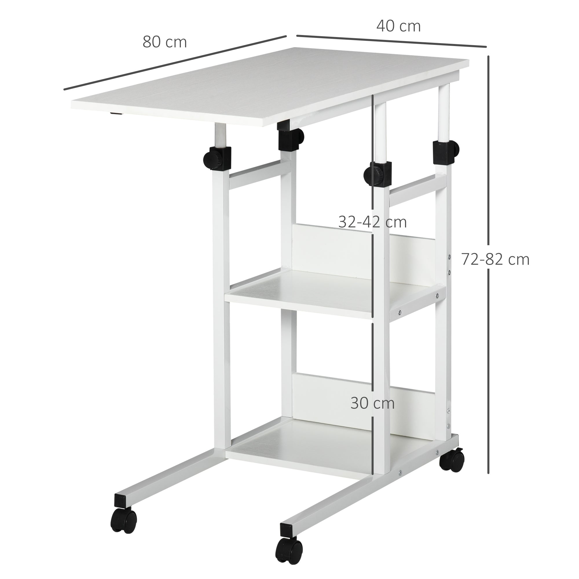 Side Table Coffee Table with Casters, Height Adjustable Desk with 2 Lower Shelves, Coffee Table Laptop Table, Bedside Table, for Dining Living Room, Metal, White, 80x40x72-82 cm