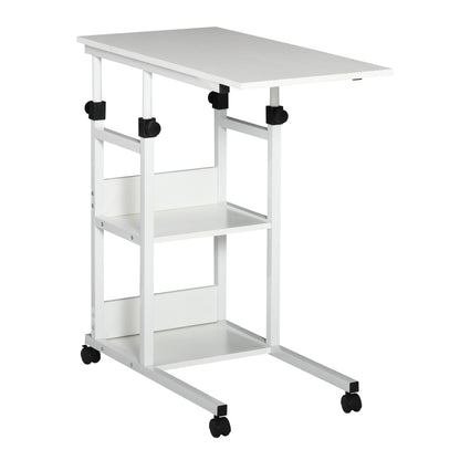 Side Table Coffee Table with Casters, Height Adjustable Desk with 2 Lower Shelves, Coffee Table Laptop Table, Bedside Table, for Dining Living Room, Metal, White, 80x40x72-82 cm