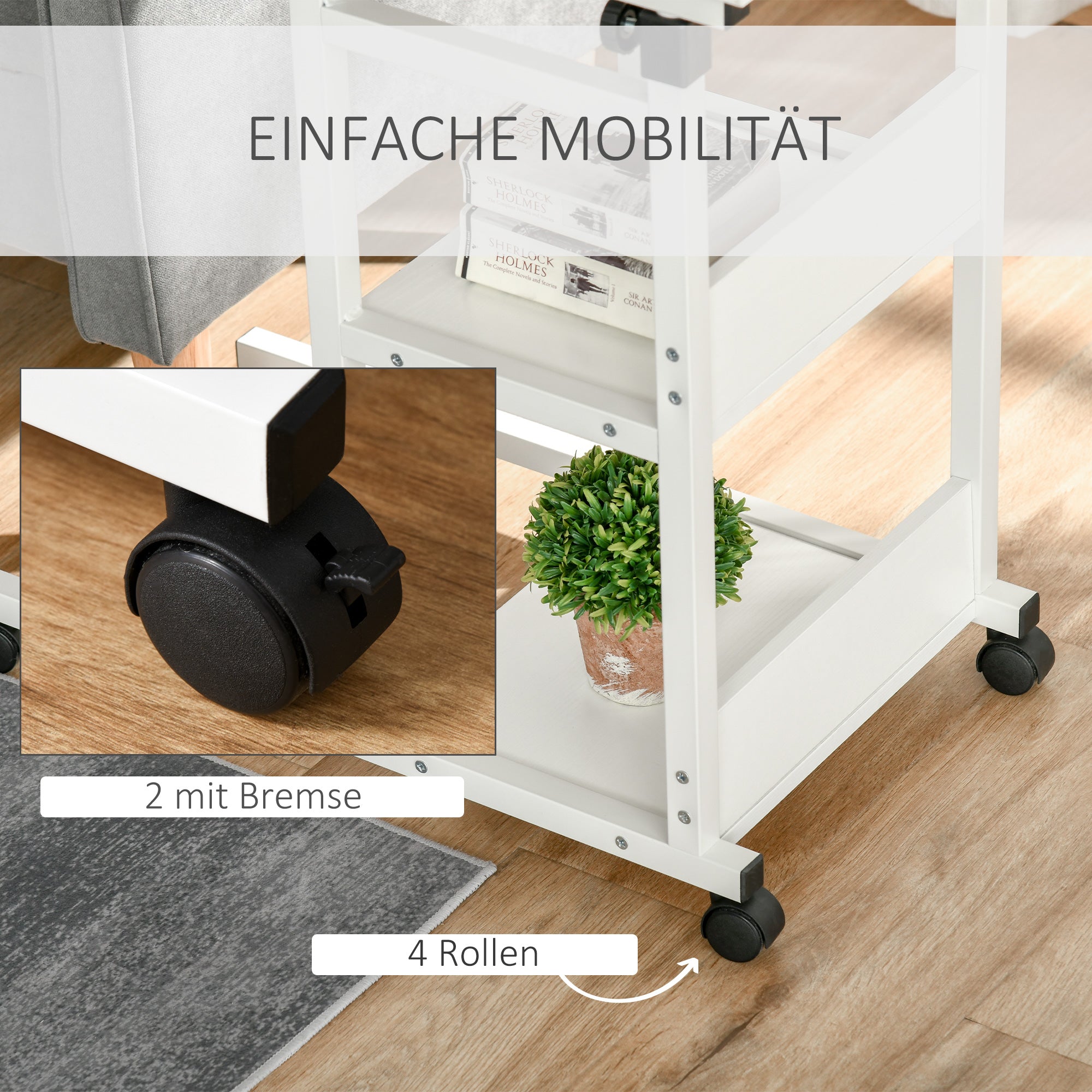 Side Table Coffee Table with Casters, Height Adjustable Desk with 2 Lower Shelves, Coffee Table Laptop Table, Bedside Table, for Dining Living Room, Metal, White, 80x40x72-82 cm